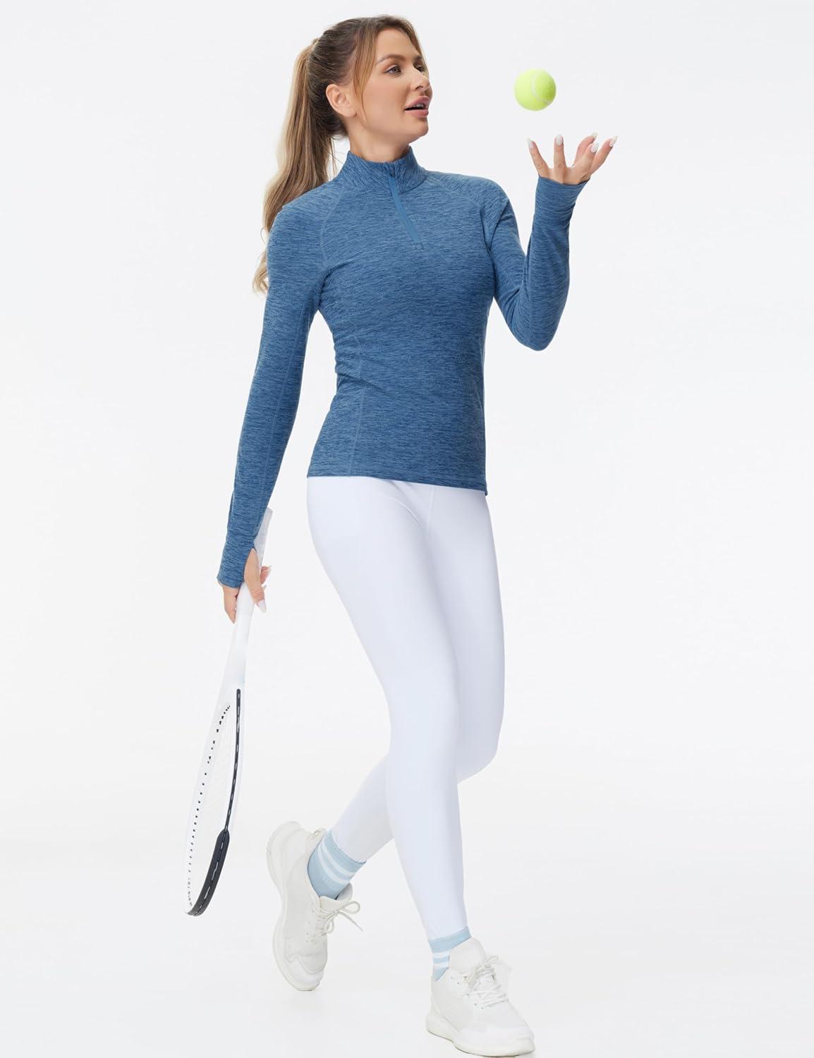 imageTHE GYM PEOPLE Womens Half Zip Golf Workout Shirts Long Sleeve Soft Warm Yoga Athletic Pullover Sweatshirts with Thumb HoleBlue Heather