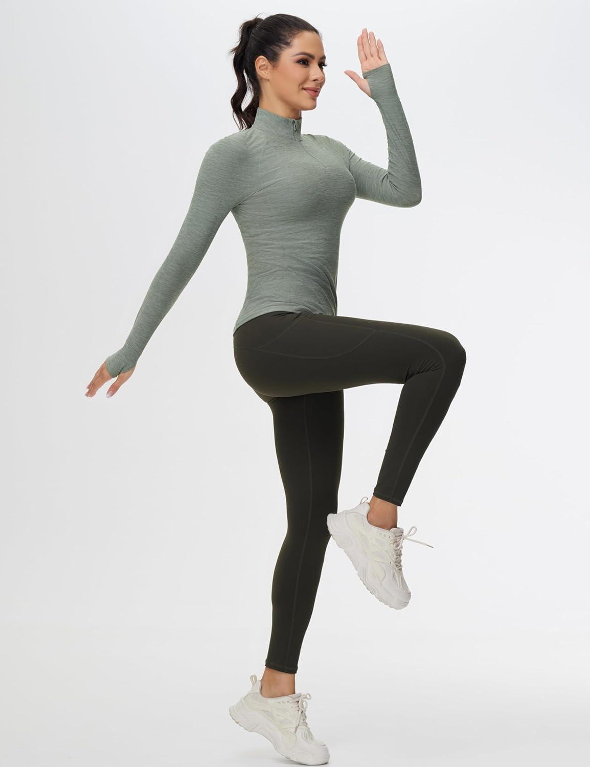 imageTHE GYM PEOPLE Womens Half Zip Golf Workout Shirts Long Sleeve Soft Warm Yoga Athletic Pullover Sweatshirts with Thumb HoleGrey Green Heather