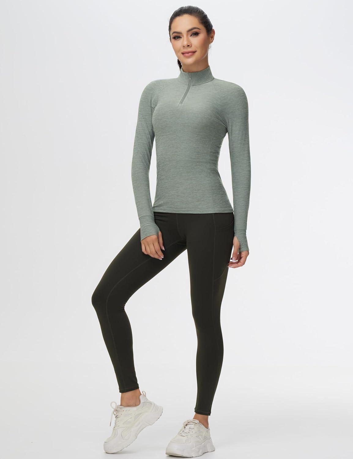 imageTHE GYM PEOPLE Womens Half Zip Golf Workout Shirts Long Sleeve Soft Warm Yoga Athletic Pullover Sweatshirts with Thumb HoleGrey Green Heather
