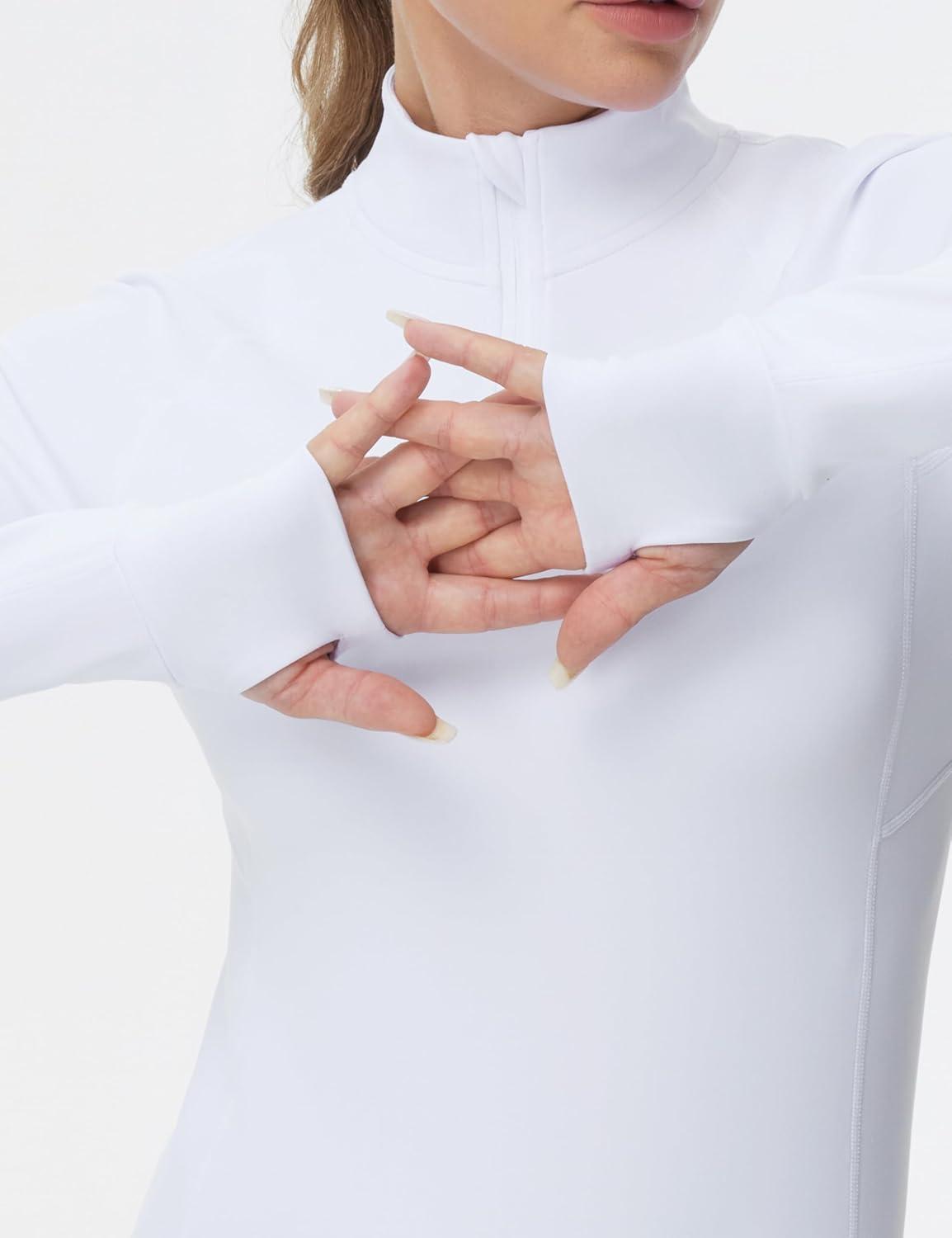 imageTHE GYM PEOPLE Womens Half Zip Golf Workout Shirts Long Sleeve Soft Warm Yoga Athletic Pullover Sweatshirts with Thumb HoleWhite