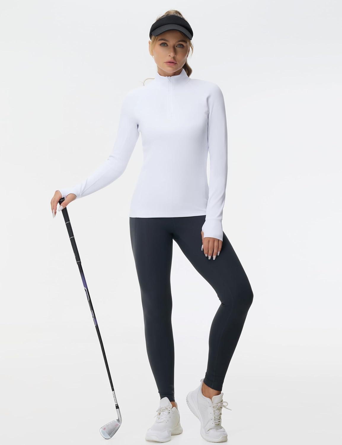 imageTHE GYM PEOPLE Womens Half Zip Golf Workout Shirts Long Sleeve Soft Warm Yoga Athletic Pullover Sweatshirts with Thumb HoleWhite
