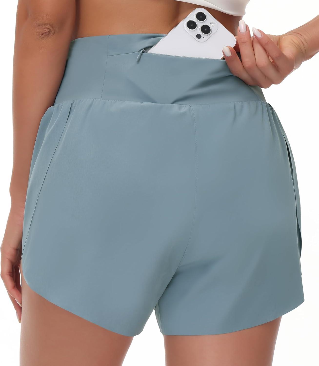 imageTHE GYM PEOPLE Womens High Waisted Running Shorts Mesh Liner Side Split Workout Shorts Zipper PocketDenim Blue