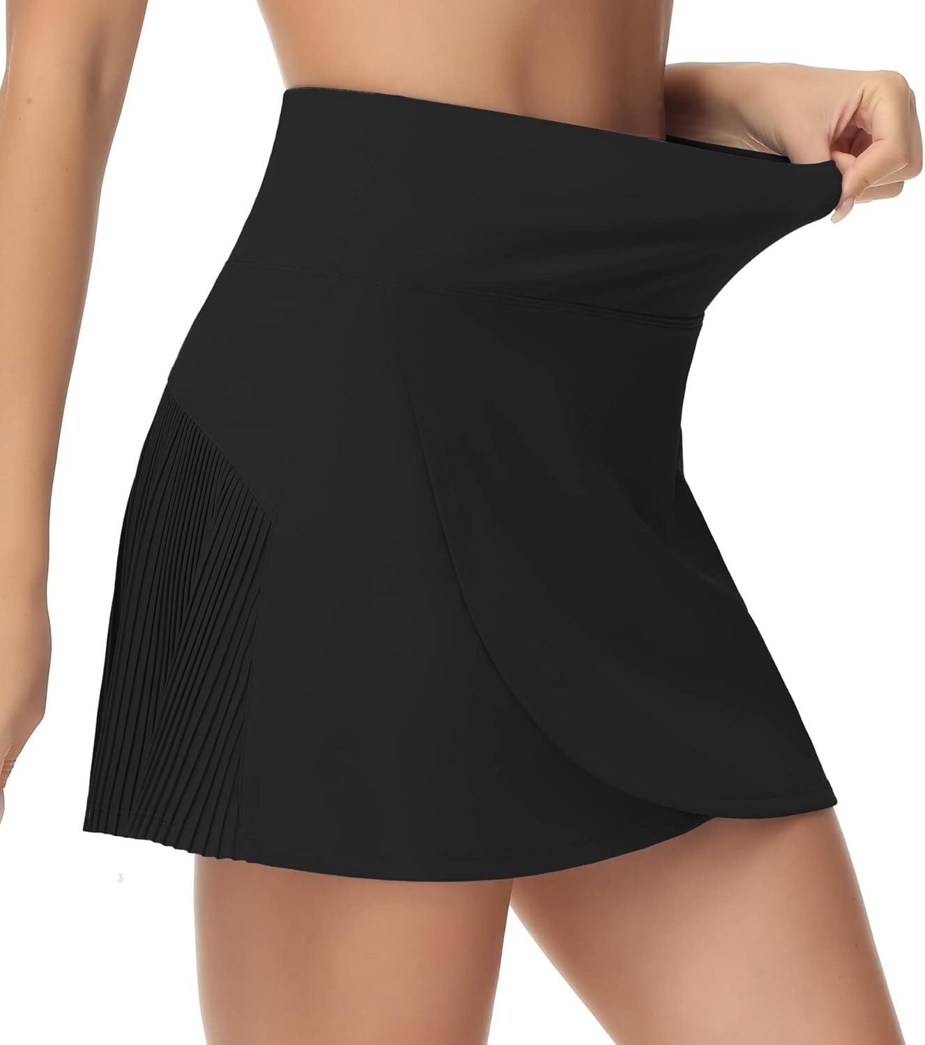 imageTHE GYM PEOPLE Womens High Waisted Tennis Skirts Crossover Hemline Back Pleated Golf Skorts with Inner ShortsBlack