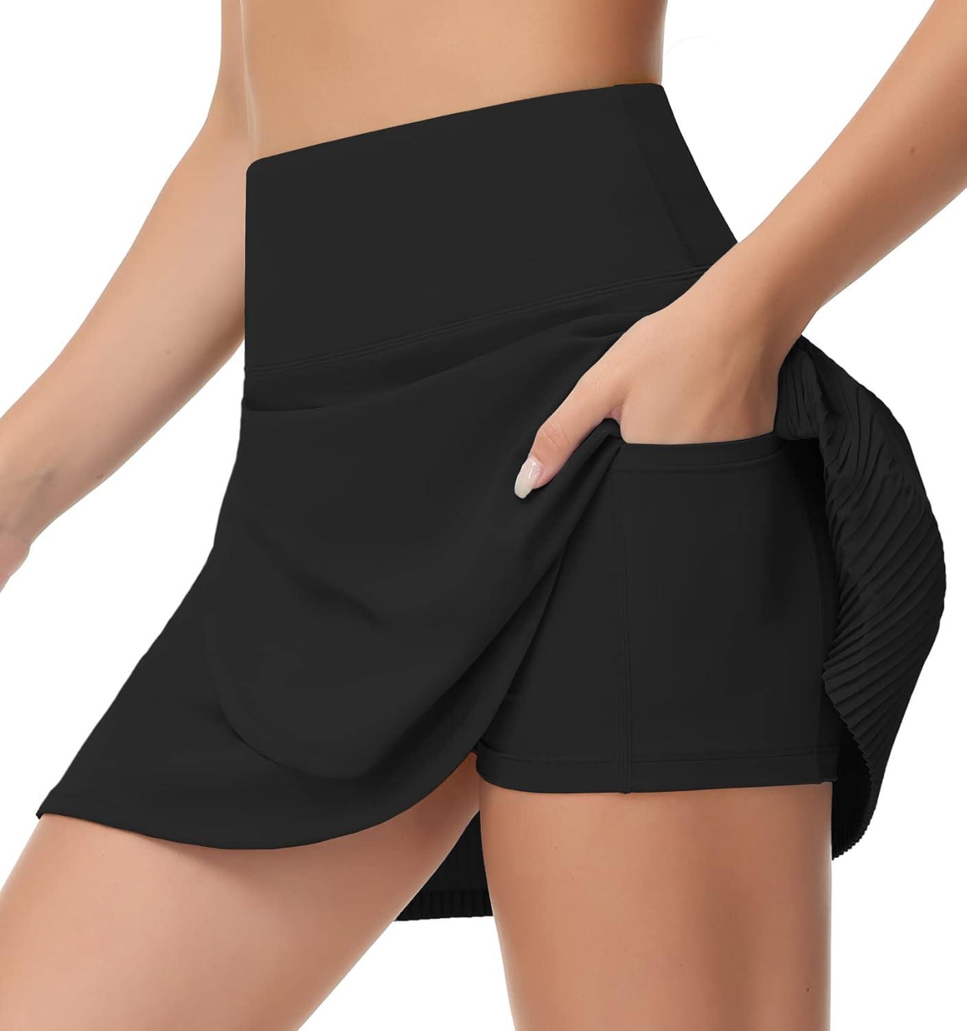 imageTHE GYM PEOPLE Womens High Waisted Tennis Skirts Crossover Hemline Back Pleated Golf Skorts with Inner ShortsBlack