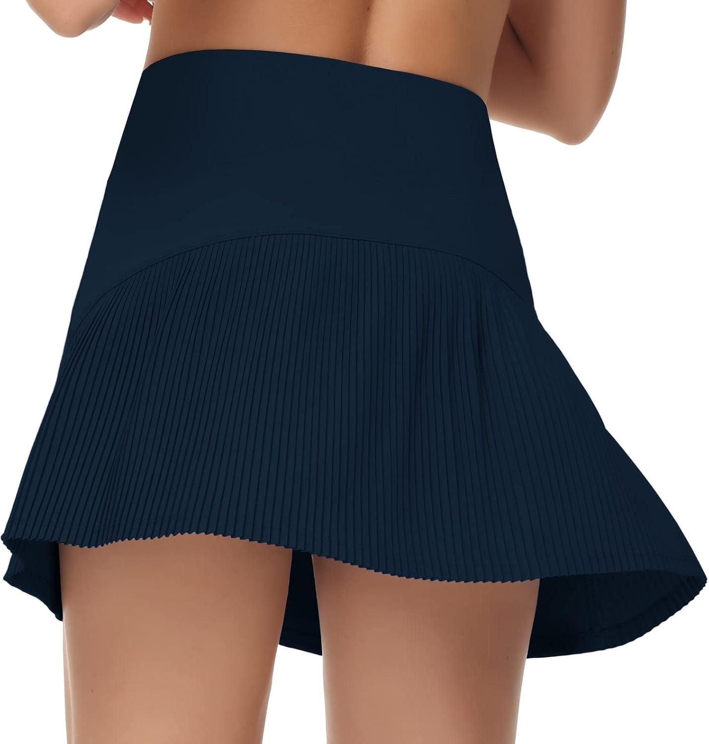 imageTHE GYM PEOPLE Womens High Waisted Tennis Skirts Crossover Hemline Back Pleated Golf Skorts with Inner ShortsBlue