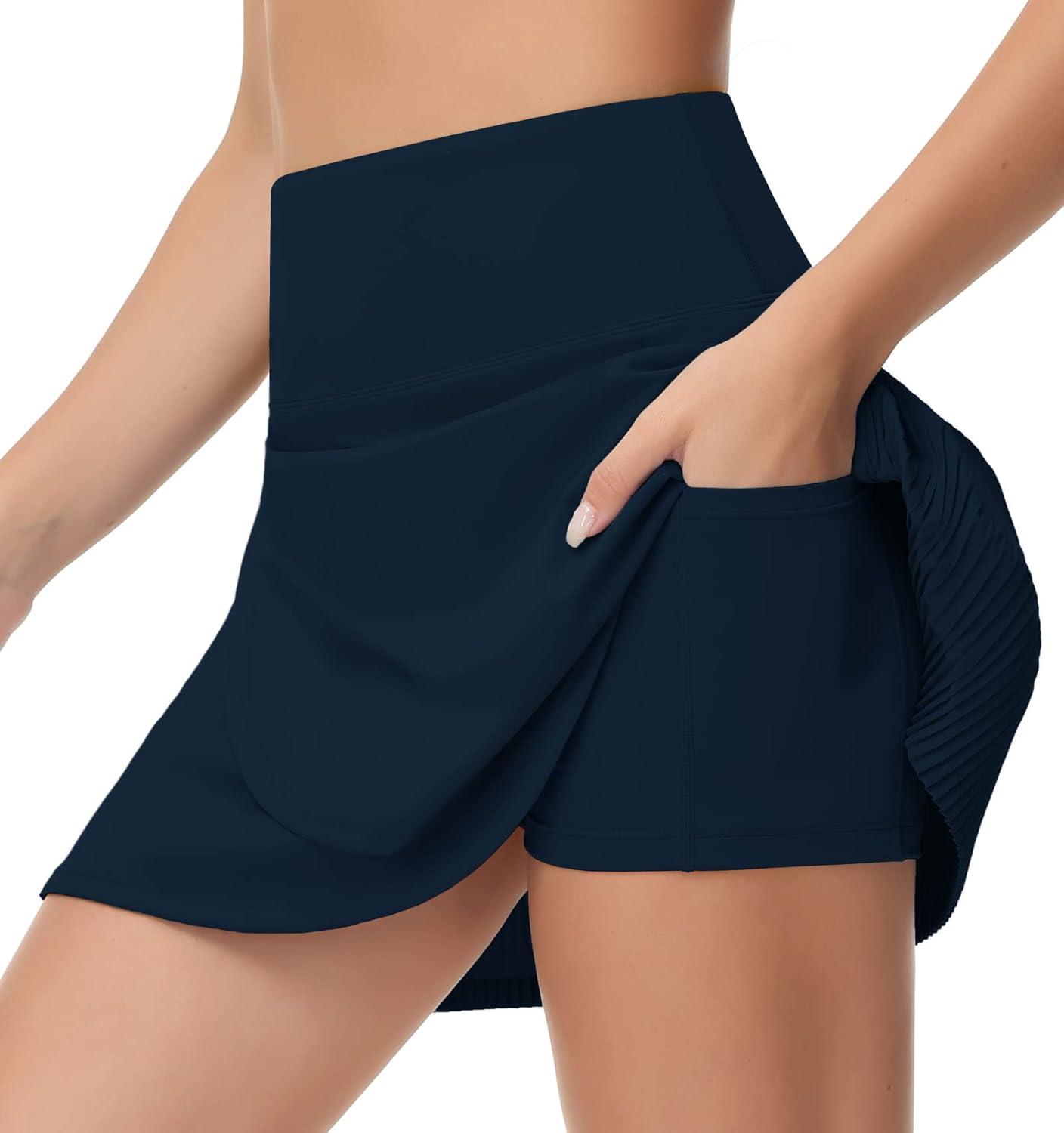 imageTHE GYM PEOPLE Womens High Waisted Tennis Skirts Crossover Hemline Back Pleated Golf Skorts with Inner ShortsBlue