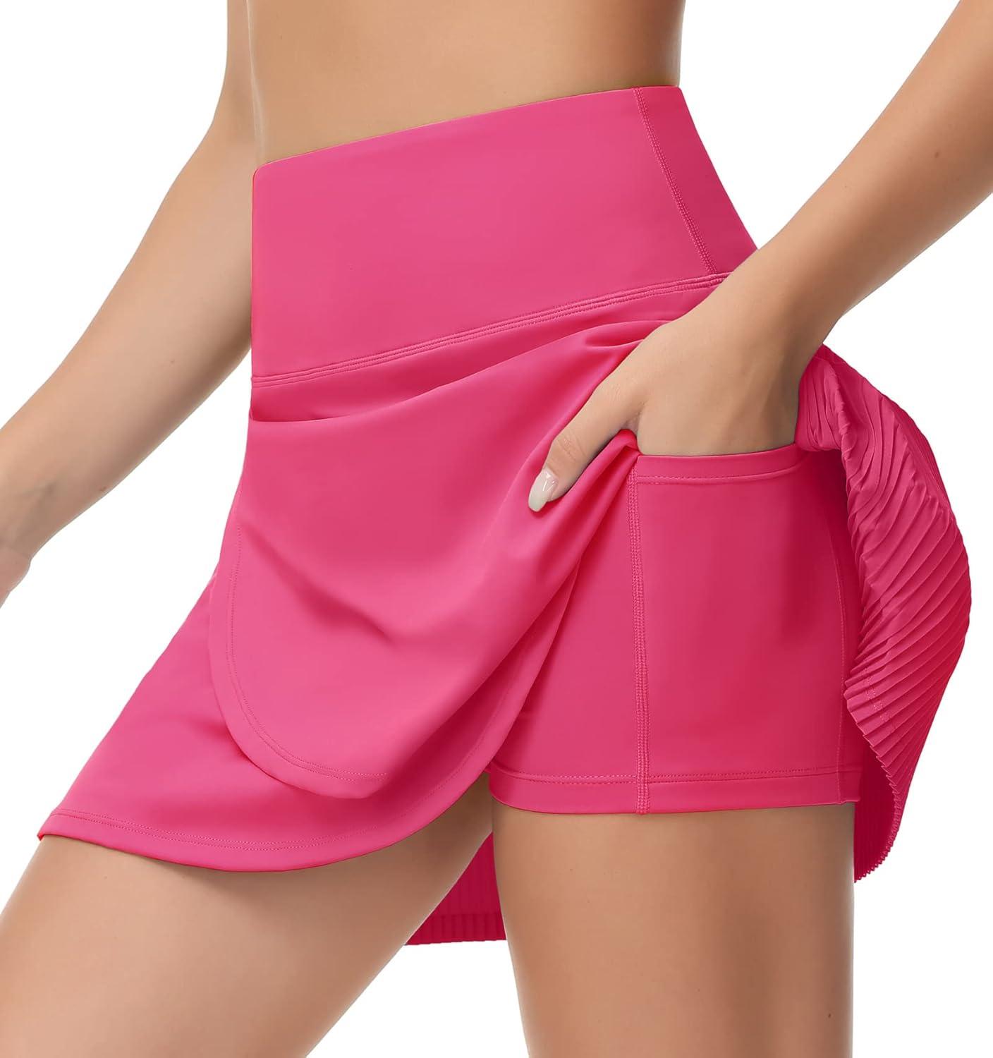 imageTHE GYM PEOPLE Womens High Waisted Tennis Skirts Crossover Hemline Back Pleated Golf Skorts with Inner ShortsBright Pink