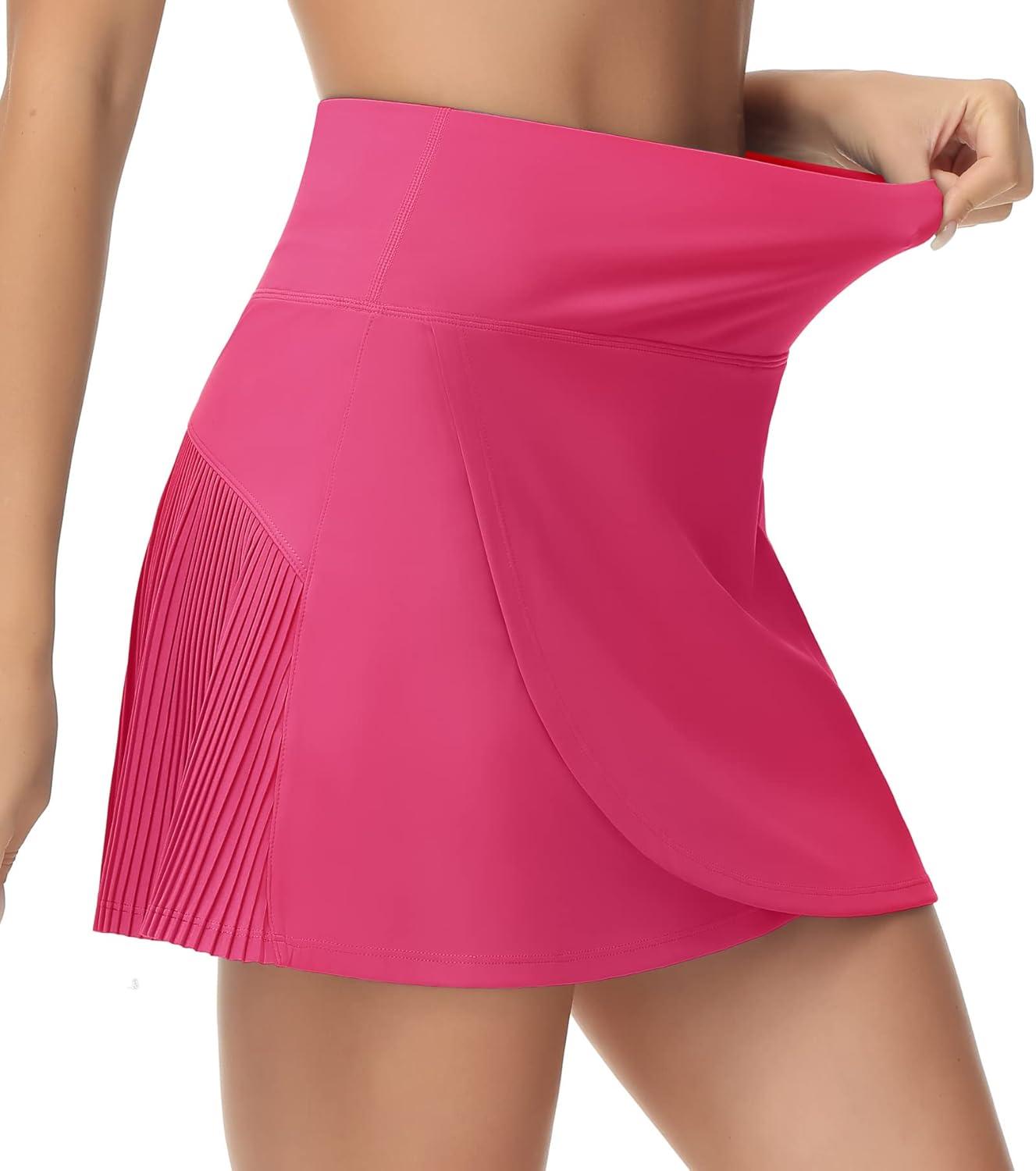 imageTHE GYM PEOPLE Womens High Waisted Tennis Skirts Crossover Hemline Back Pleated Golf Skorts with Inner ShortsBright Pink