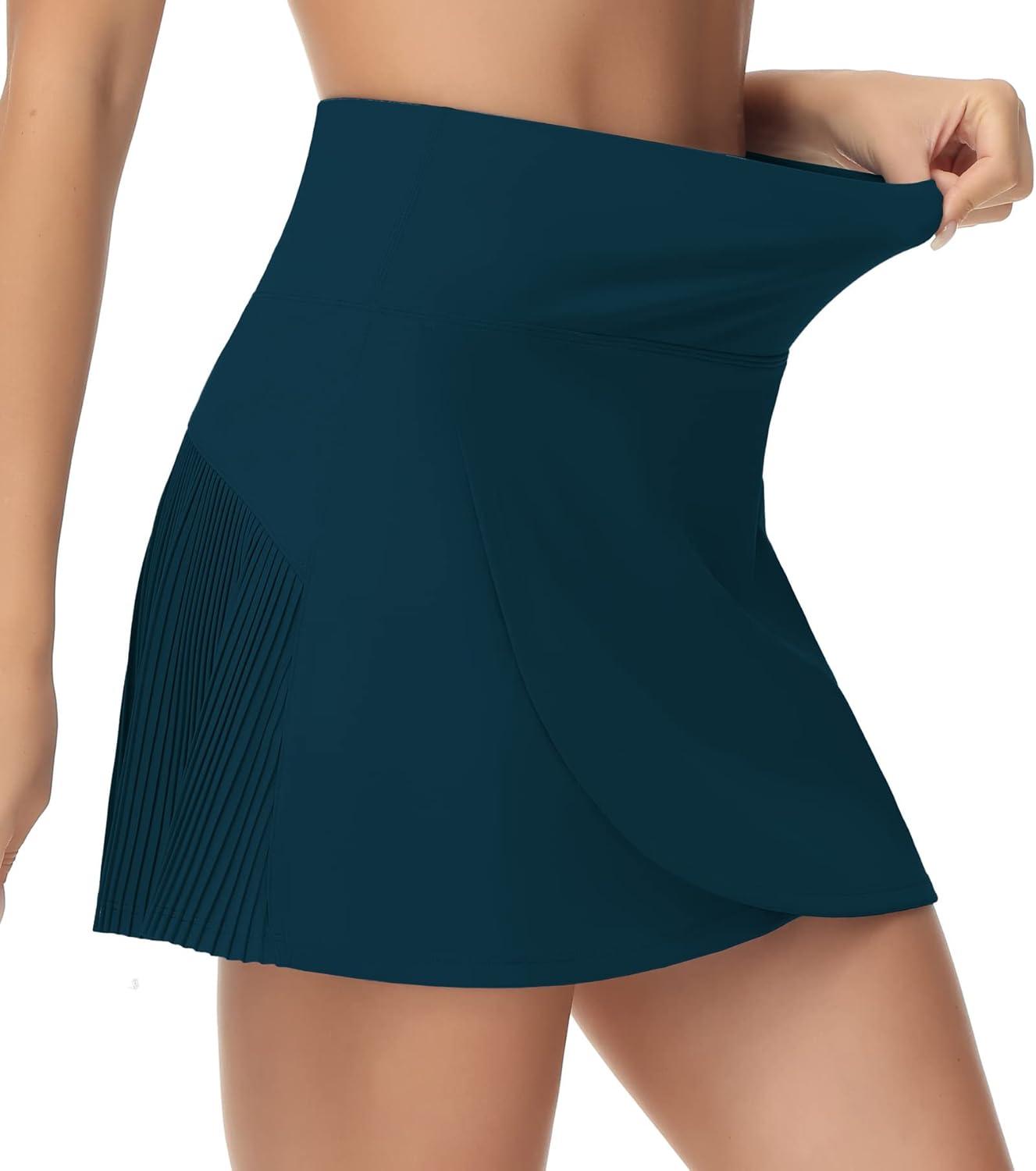 imageTHE GYM PEOPLE Womens High Waisted Tennis Skirts Crossover Hemline Back Pleated Golf Skorts with Inner ShortsDark Blue Green