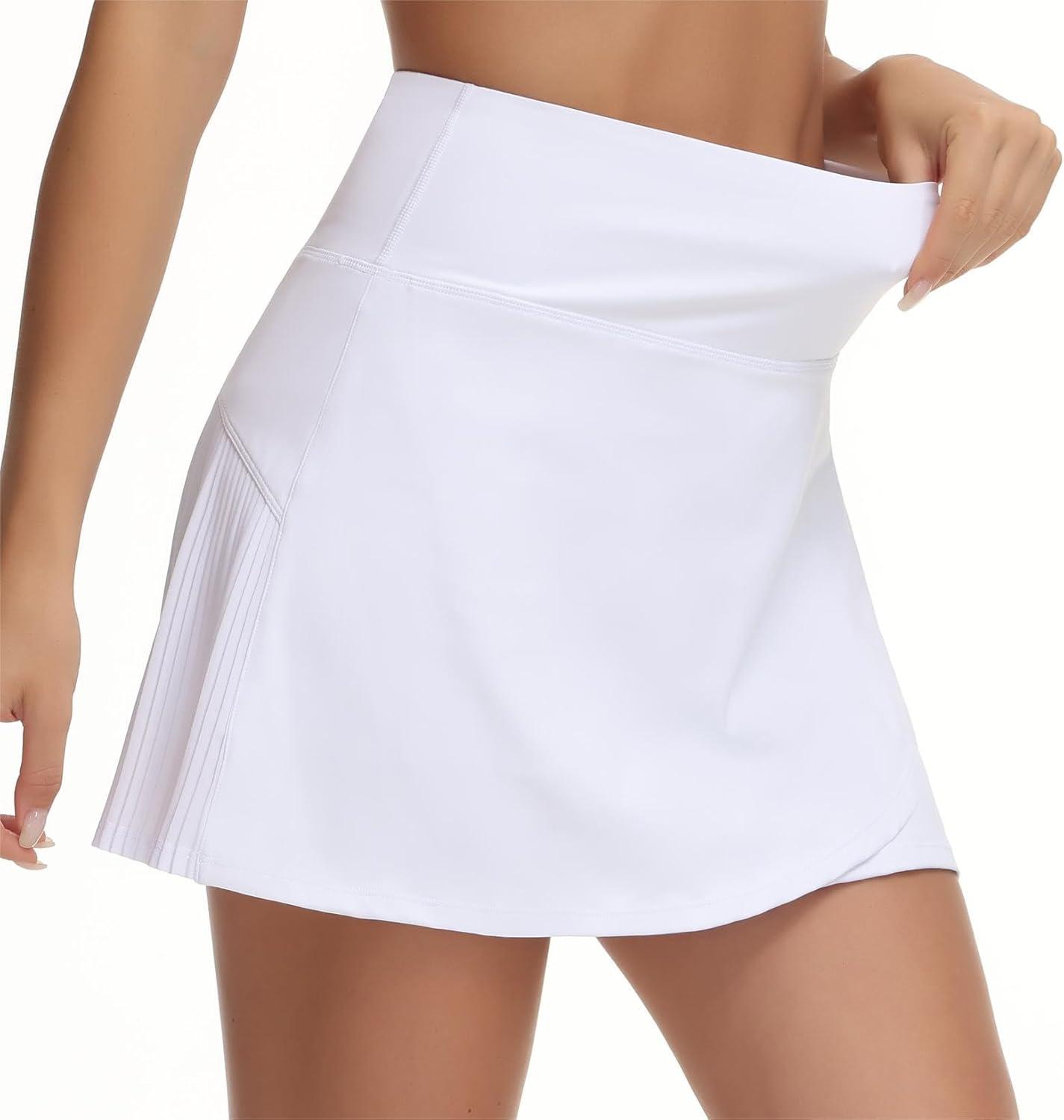 imageTHE GYM PEOPLE Womens High Waisted Tennis Skirts Crossover Hemline Back Pleated Golf Skorts with Inner ShortsWhite