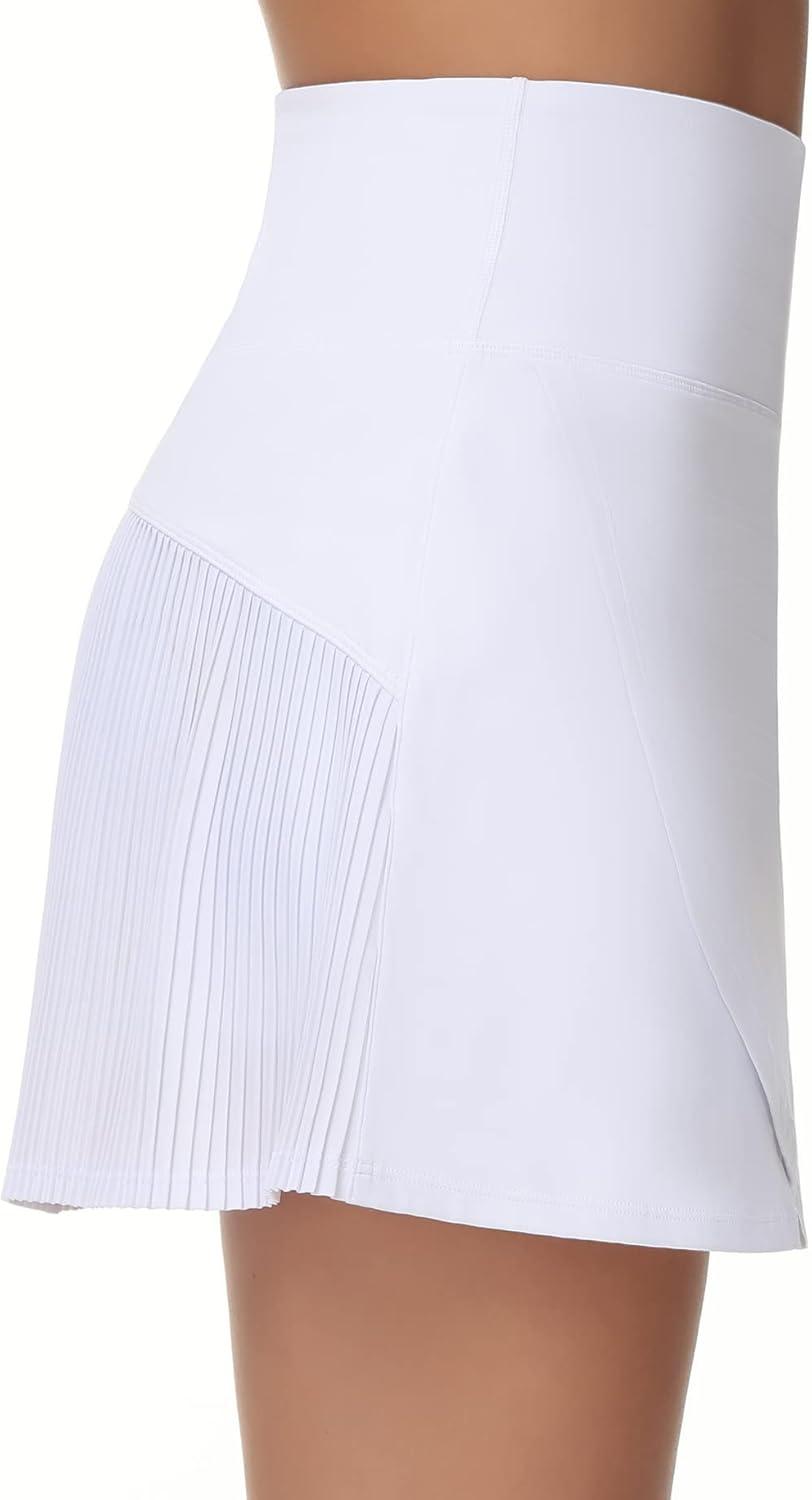 imageTHE GYM PEOPLE Womens High Waisted Tennis Skirts Crossover Hemline Back Pleated Golf Skorts with Inner ShortsWhite