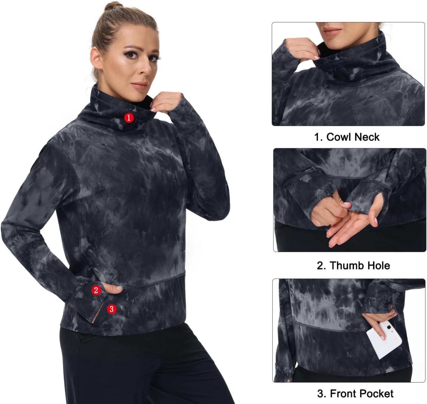 imageTHE GYM PEOPLE Womens Long Sleeve Cowl Neck Loose Fit Workout Hiking Pullover Sweatshirt With PocketsTie Dye Black Grey