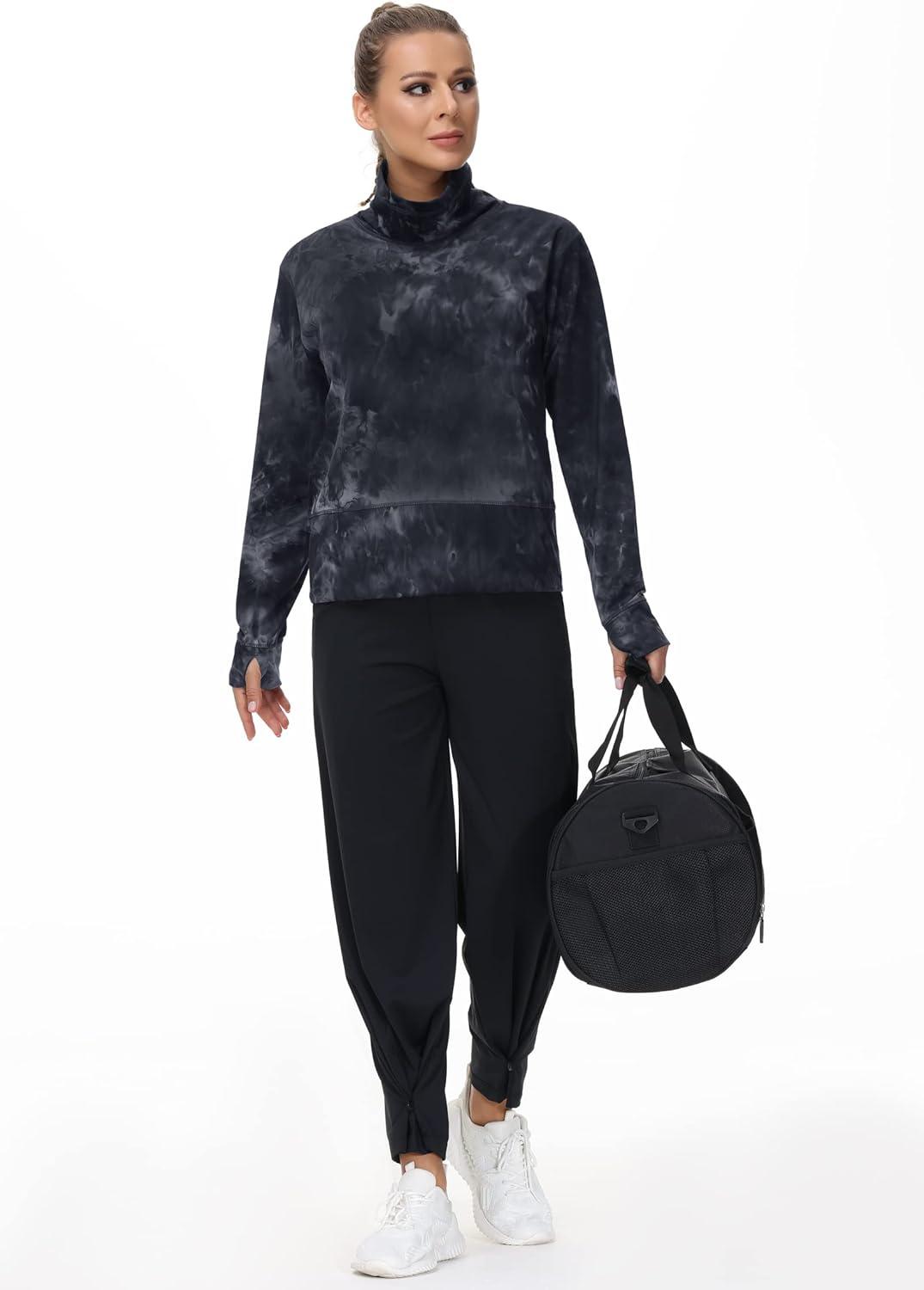 imageTHE GYM PEOPLE Womens Long Sleeve Cowl Neck Loose Fit Workout Hiking Pullover Sweatshirt With PocketsTie Dye Black Grey