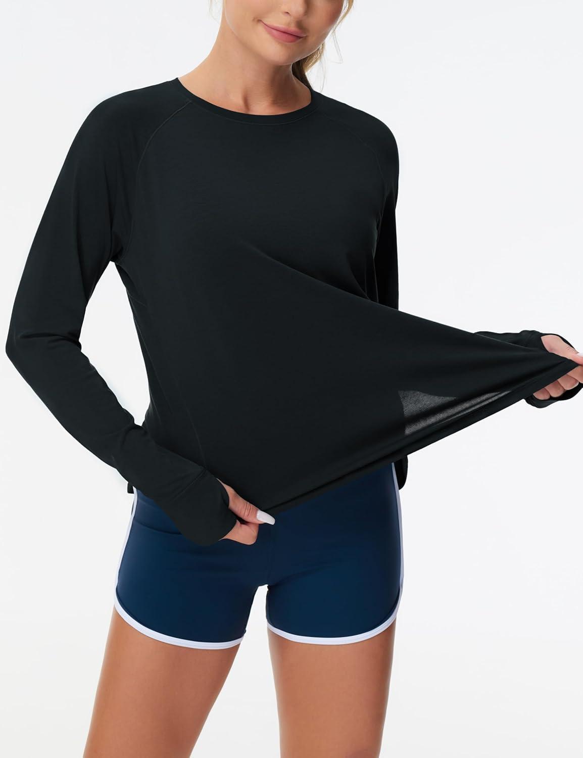 imageTHE GYM PEOPLE Womens Long Sleeve Workout Shirts Side Slits Athletic Yoga Tee Tops with Thumb HoleBlack