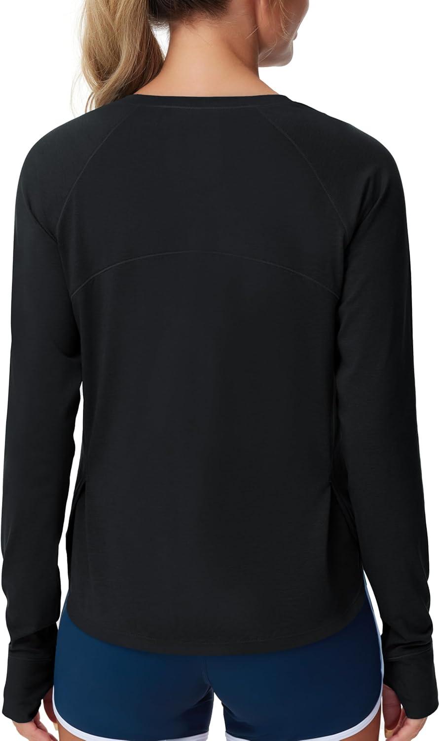 imageTHE GYM PEOPLE Womens Long Sleeve Workout Shirts Side Slits Athletic Yoga Tee Tops with Thumb HoleBlack
