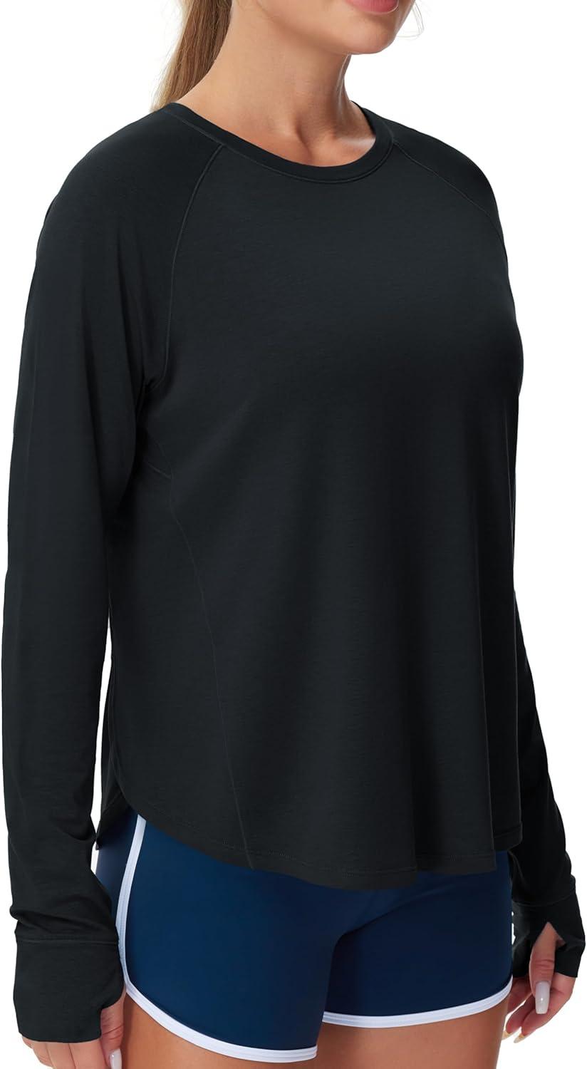 imageTHE GYM PEOPLE Womens Long Sleeve Workout Shirts Side Slits Athletic Yoga Tee Tops with Thumb HoleBlack