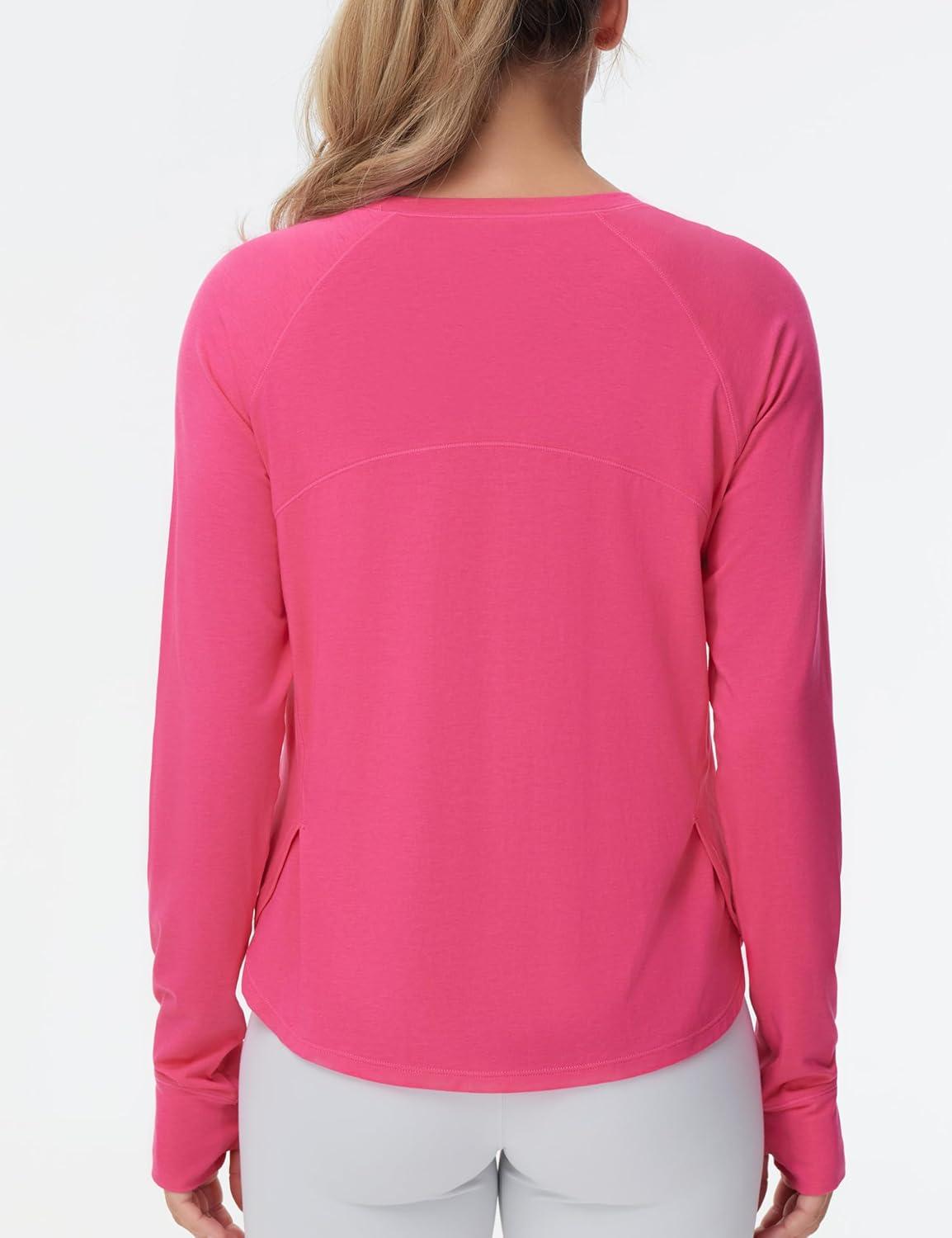 imageTHE GYM PEOPLE Womens Long Sleeve Workout Shirts Side Slits Athletic Yoga Tee Tops with Thumb HoleBright Pink