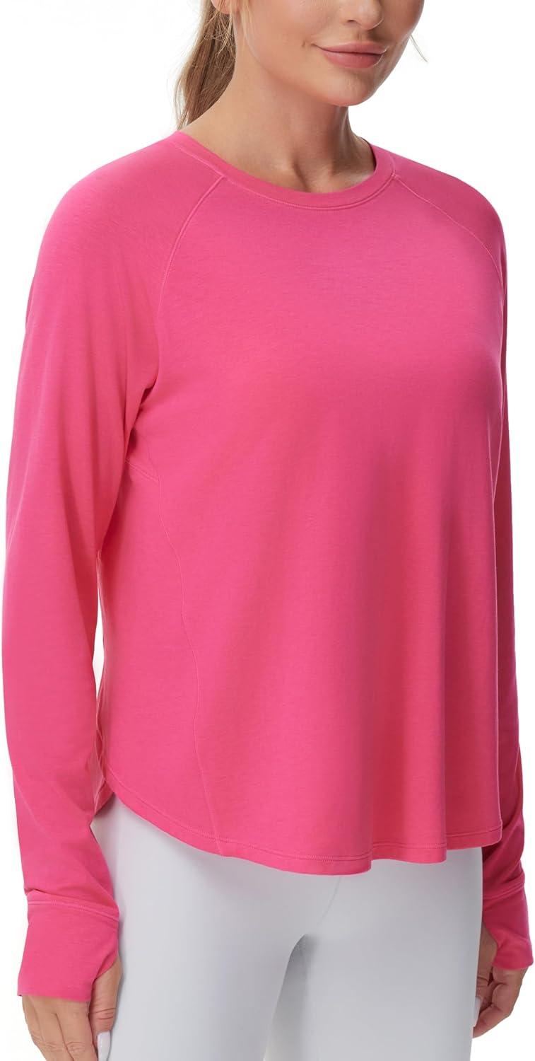 imageTHE GYM PEOPLE Womens Long Sleeve Workout Shirts Side Slits Athletic Yoga Tee Tops with Thumb HoleBright Pink