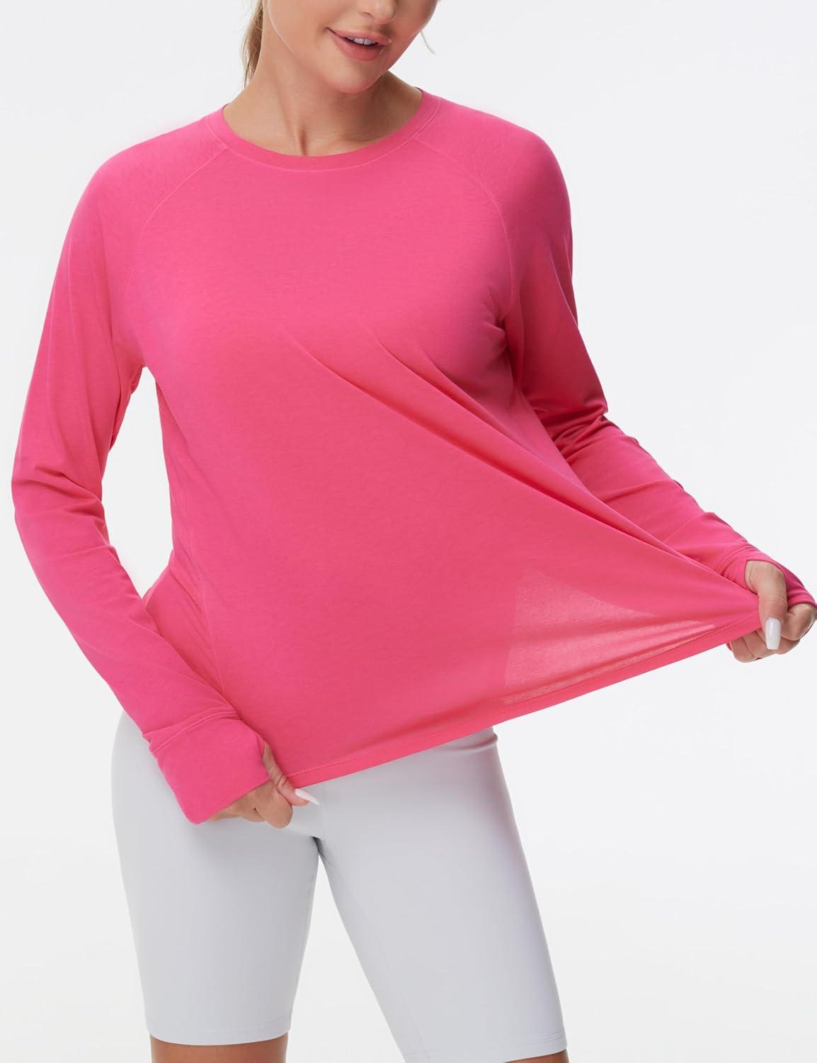 imageTHE GYM PEOPLE Womens Long Sleeve Workout Shirts Side Slits Athletic Yoga Tee Tops with Thumb HoleBright Pink