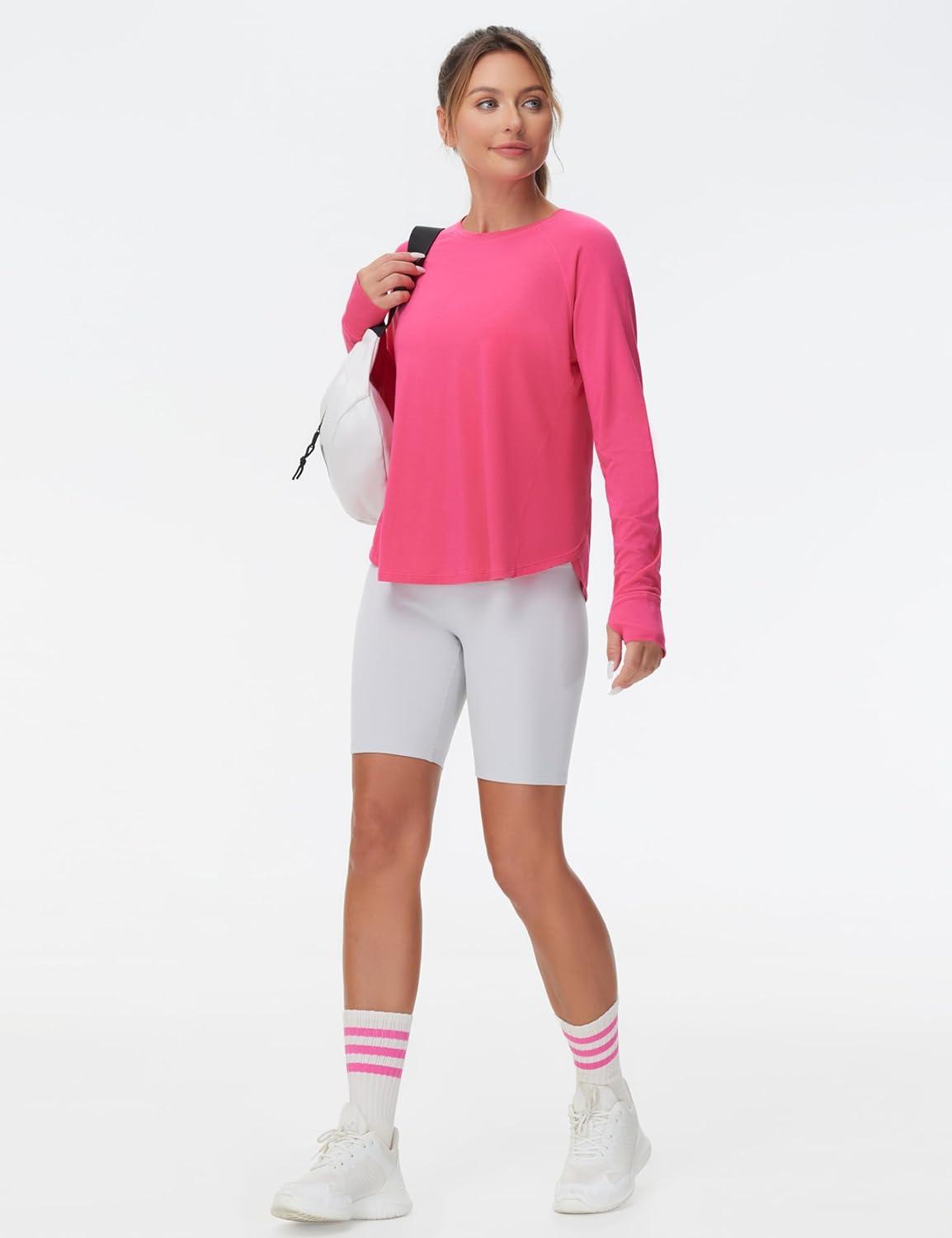 imageTHE GYM PEOPLE Womens Long Sleeve Workout Shirts Side Slits Athletic Yoga Tee Tops with Thumb HoleBright Pink