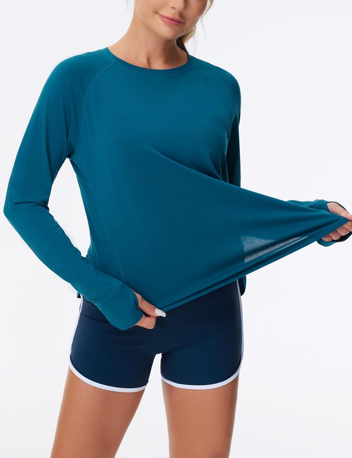 imageTHE GYM PEOPLE Womens Long Sleeve Workout Shirts Side Slits Athletic Yoga Tee Tops with Thumb HoleDark Blue Green