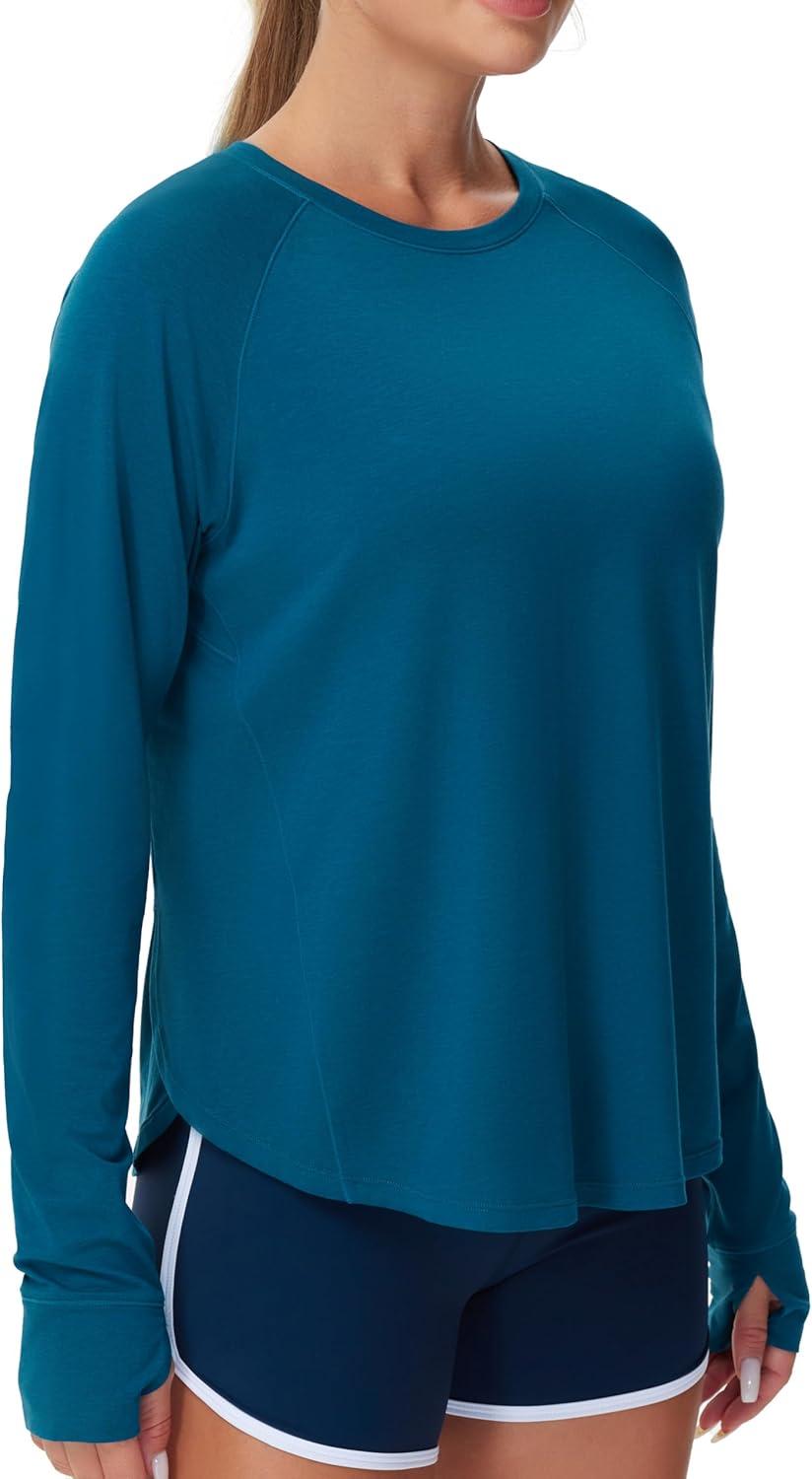 imageTHE GYM PEOPLE Womens Long Sleeve Workout Shirts Side Slits Athletic Yoga Tee Tops with Thumb HoleDark Blue Green