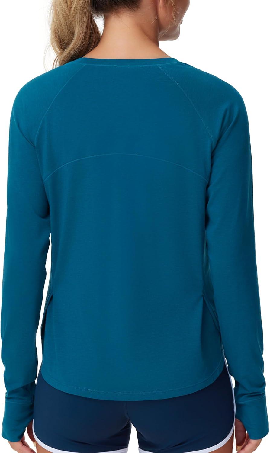 imageTHE GYM PEOPLE Womens Long Sleeve Workout Shirts Side Slits Athletic Yoga Tee Tops with Thumb HoleDark Blue Green