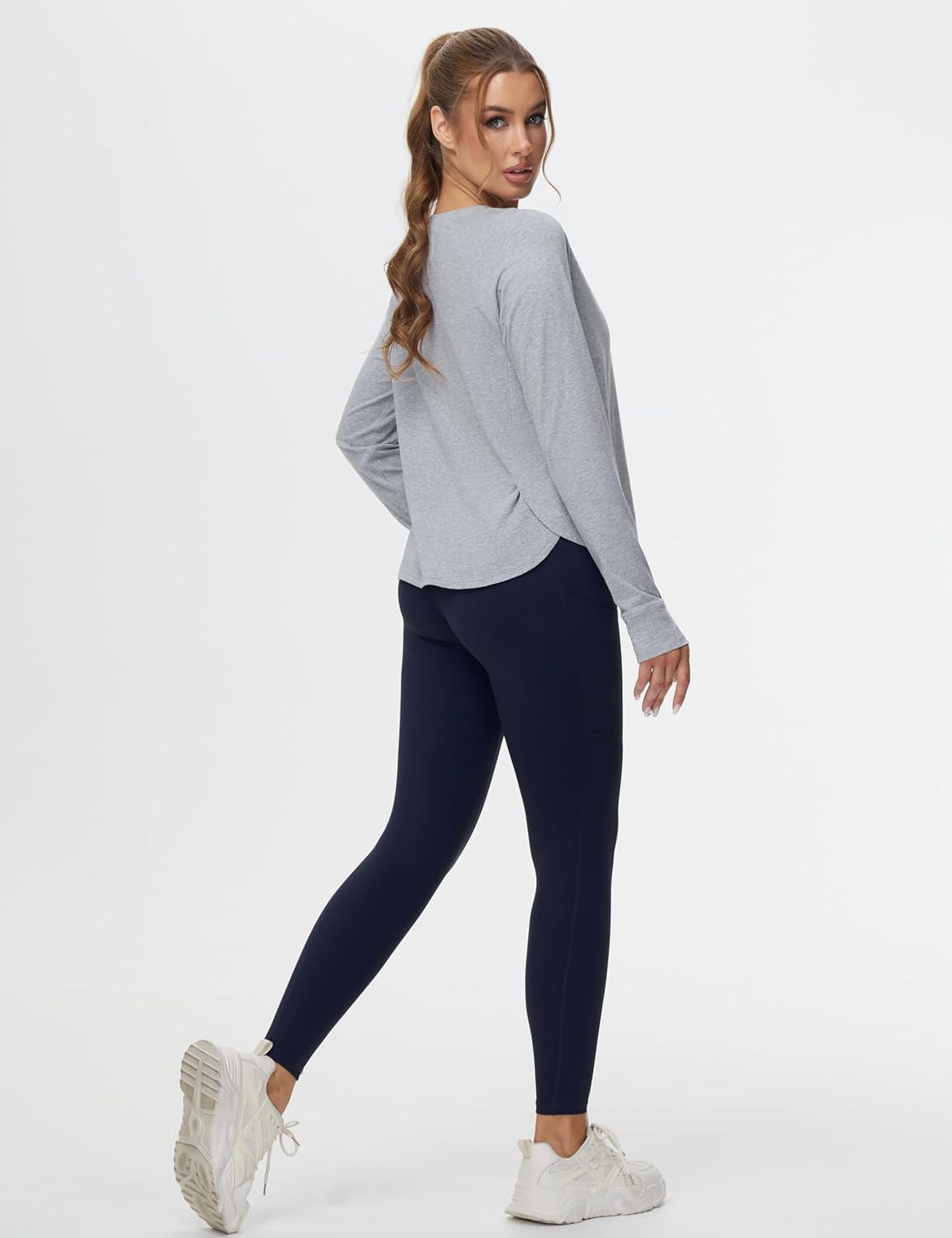 imageTHE GYM PEOPLE Womens Long Sleeve Workout Shirts Side Slits Athletic Yoga Tee Tops with Thumb HoleHeather Grey