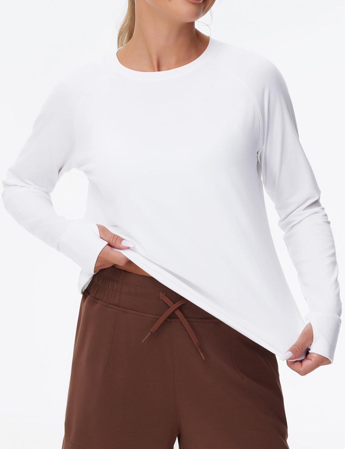 imageTHE GYM PEOPLE Womens Long Sleeve Workout Shirts Side Slits Athletic Yoga Tee Tops with Thumb HoleWhite