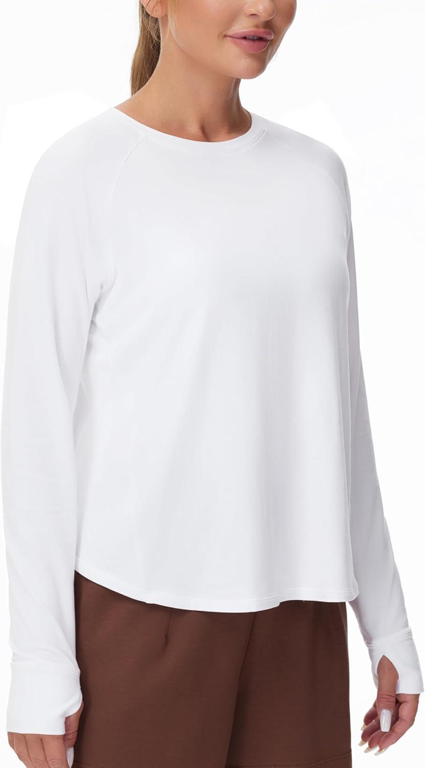 imageTHE GYM PEOPLE Womens Long Sleeve Workout Shirts Side Slits Athletic Yoga Tee Tops with Thumb HoleWhite