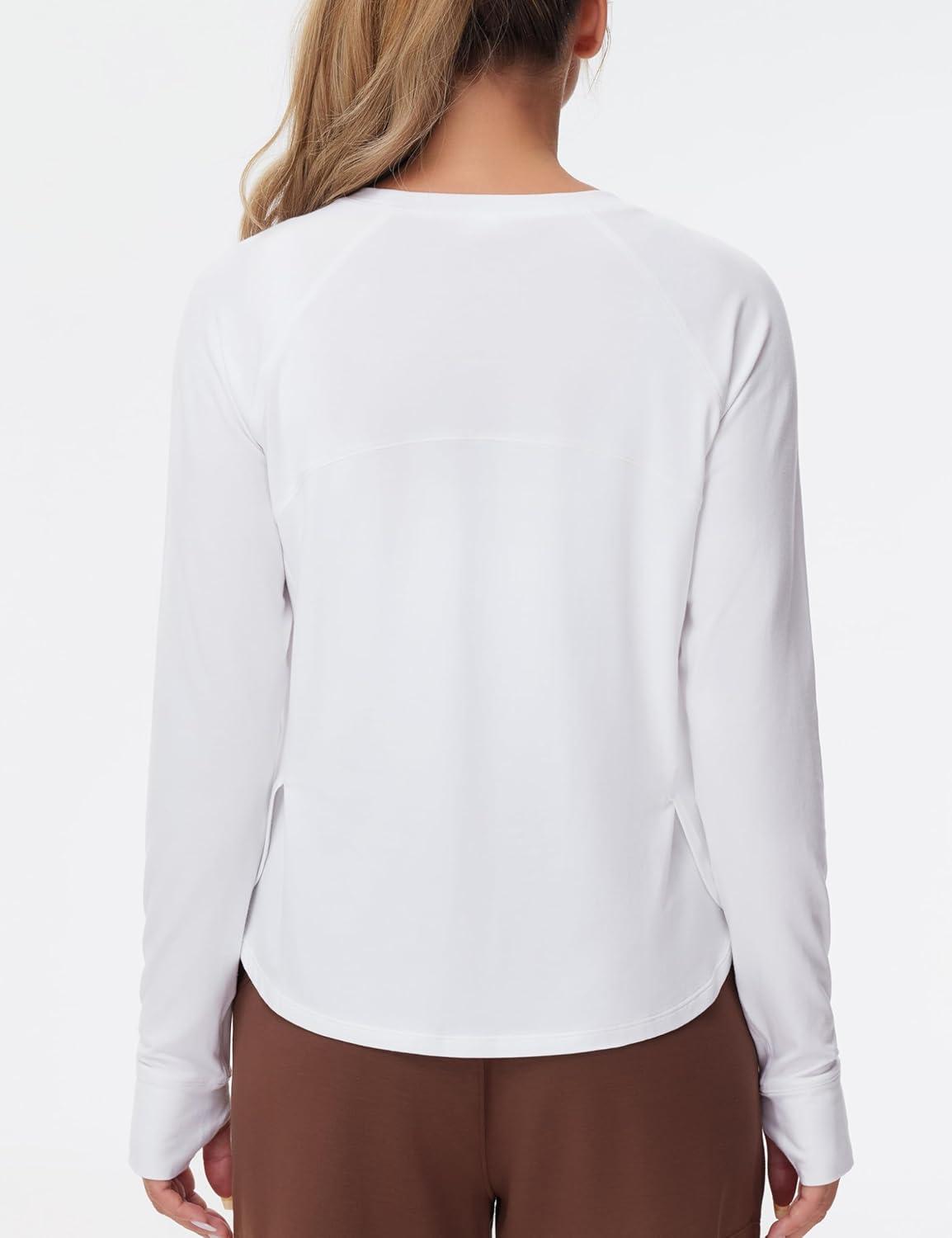 imageTHE GYM PEOPLE Womens Long Sleeve Workout Shirts Side Slits Athletic Yoga Tee Tops with Thumb HoleWhite