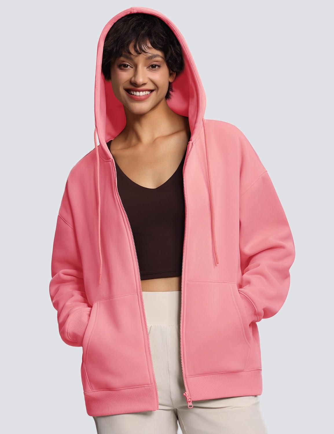 imageTHE GYM PEOPLE Womens Oversized Fleece Hoodies FullZip Workout Lounge Hooded Coats Fall Tops with Pockets DrawstringWatermelon Pink