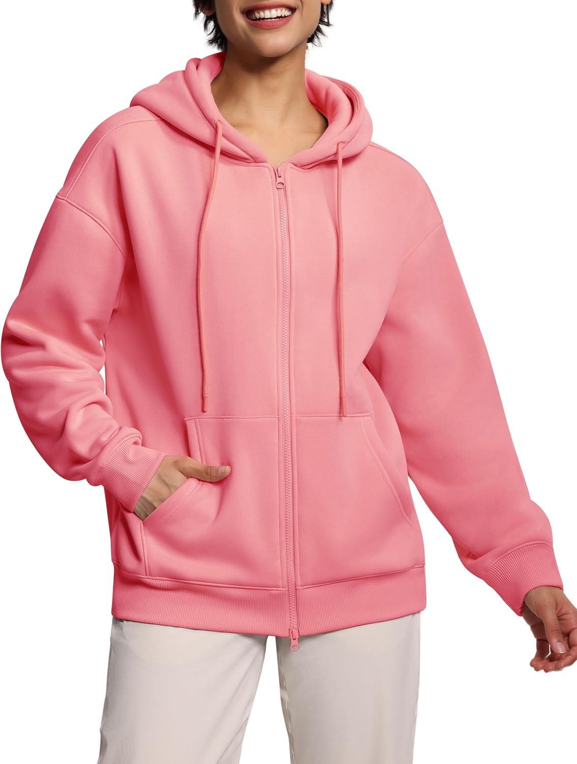 imageTHE GYM PEOPLE Womens Oversized Fleece Hoodies FullZip Workout Lounge Hooded Coats Fall Tops with Pockets DrawstringWatermelon Pink