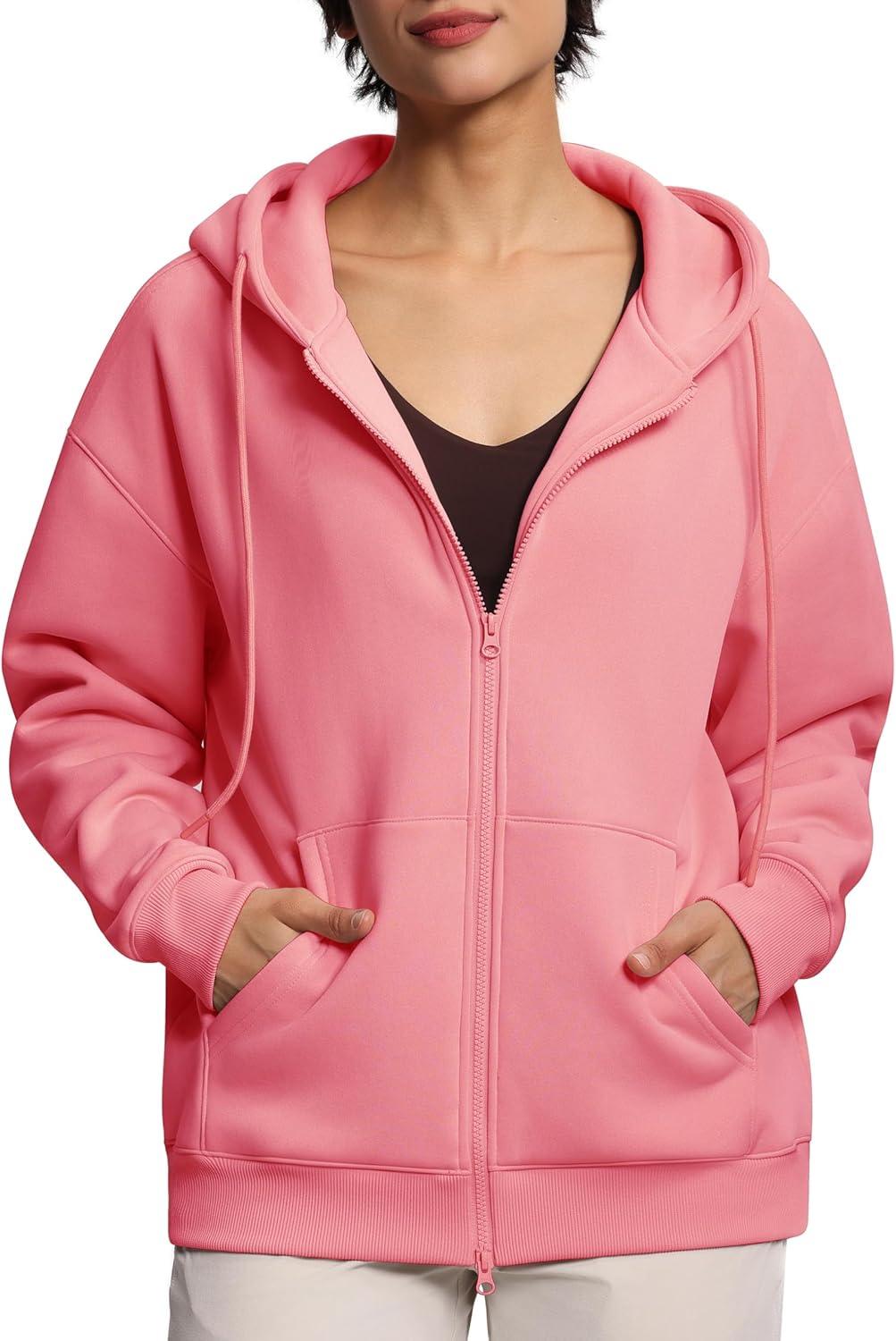 imageTHE GYM PEOPLE Womens Oversized Fleece Hoodies FullZip Workout Lounge Hooded Coats Fall Tops with Pockets DrawstringWatermelon Pink
