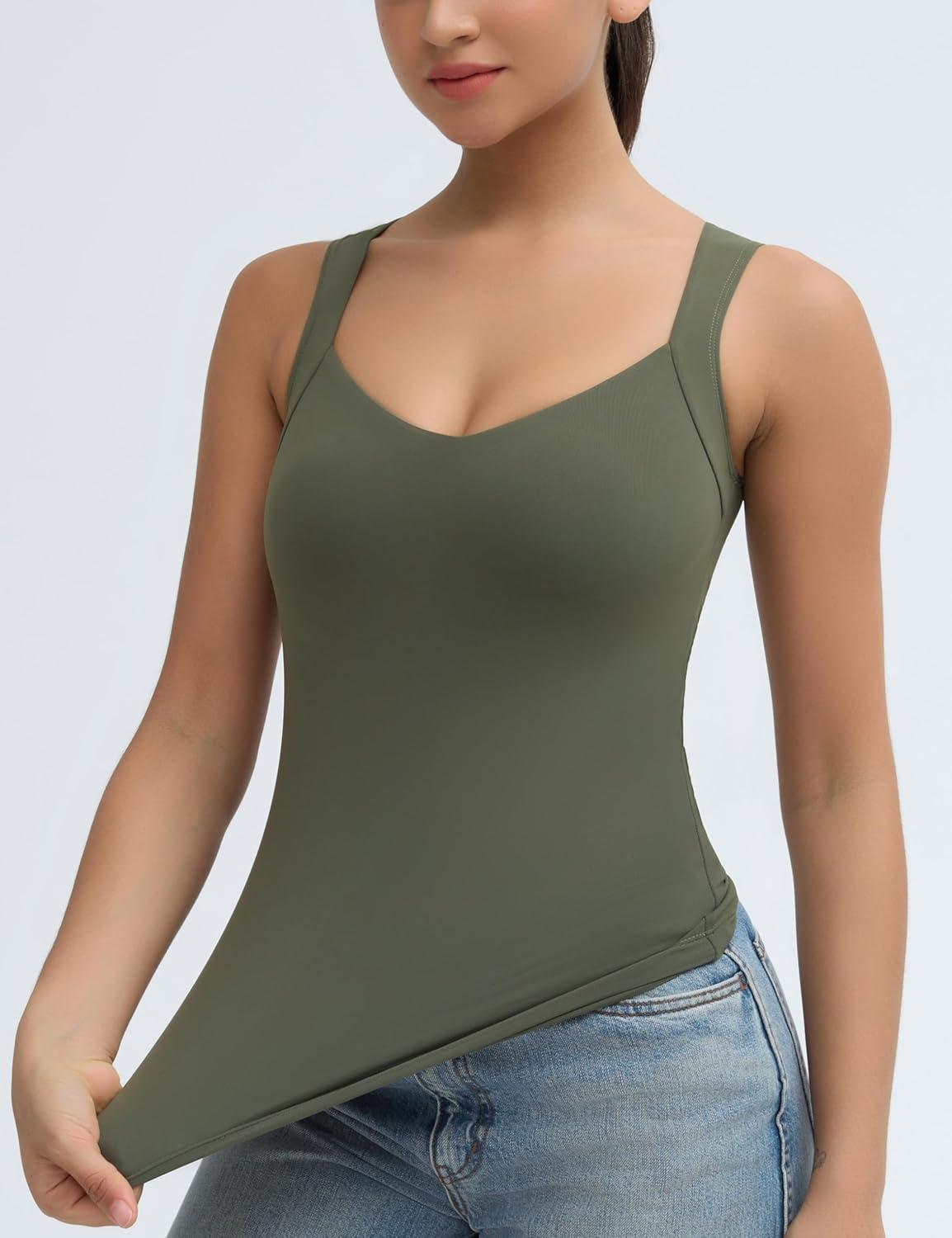 imageTHE GYM PEOPLE Womens Scoop Neck Workout Tank Tops Cute Double Layer Basic Sleeveless Slim fit Shirts