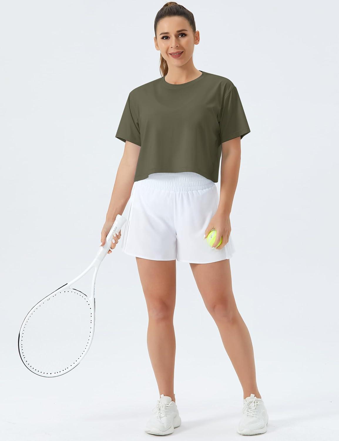 imageTHE GYM PEOPLE Womens Workout Crop Top TShirt Short Sleeve Boxy Yoga Running Cropped Basic TeeArmy Green