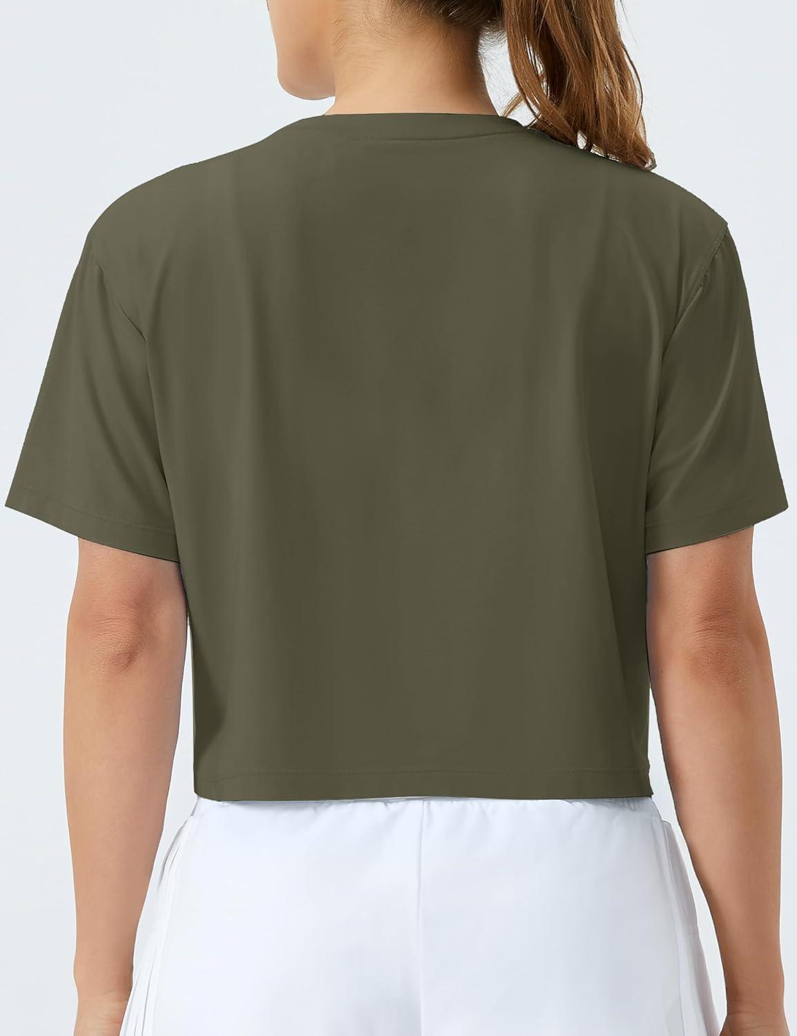 imageTHE GYM PEOPLE Womens Workout Crop Top TShirt Short Sleeve Boxy Yoga Running Cropped Basic TeeArmy Green
