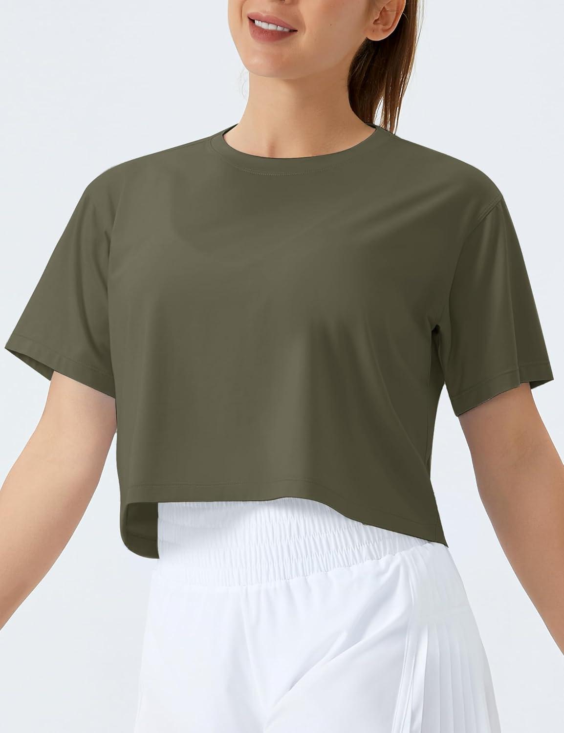 imageTHE GYM PEOPLE Womens Workout Crop Top TShirt Short Sleeve Boxy Yoga Running Cropped Basic TeeArmy Green