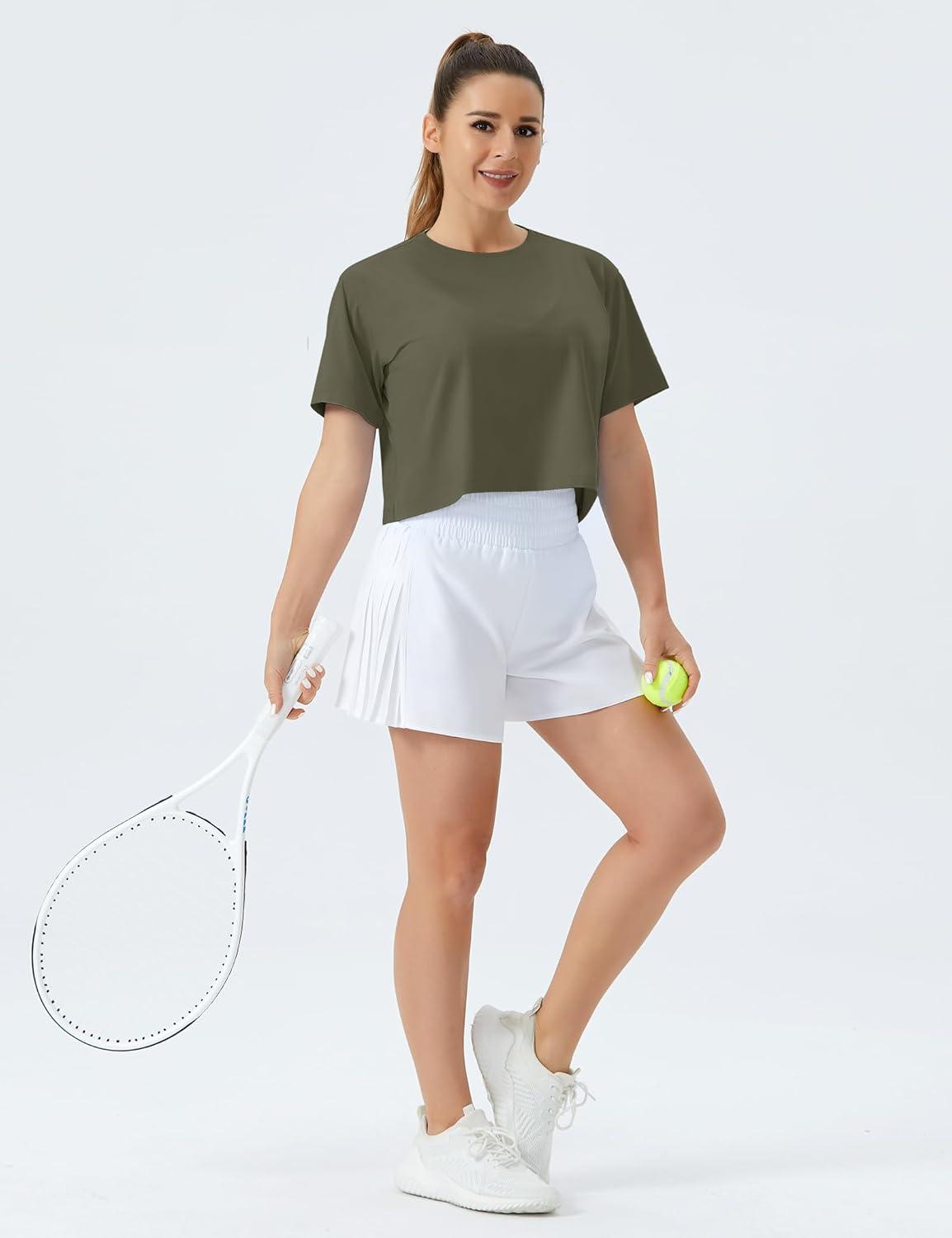 imageTHE GYM PEOPLE Womens Workout Crop Top TShirt Short Sleeve Boxy Yoga Running Cropped Basic TeeArmy Green