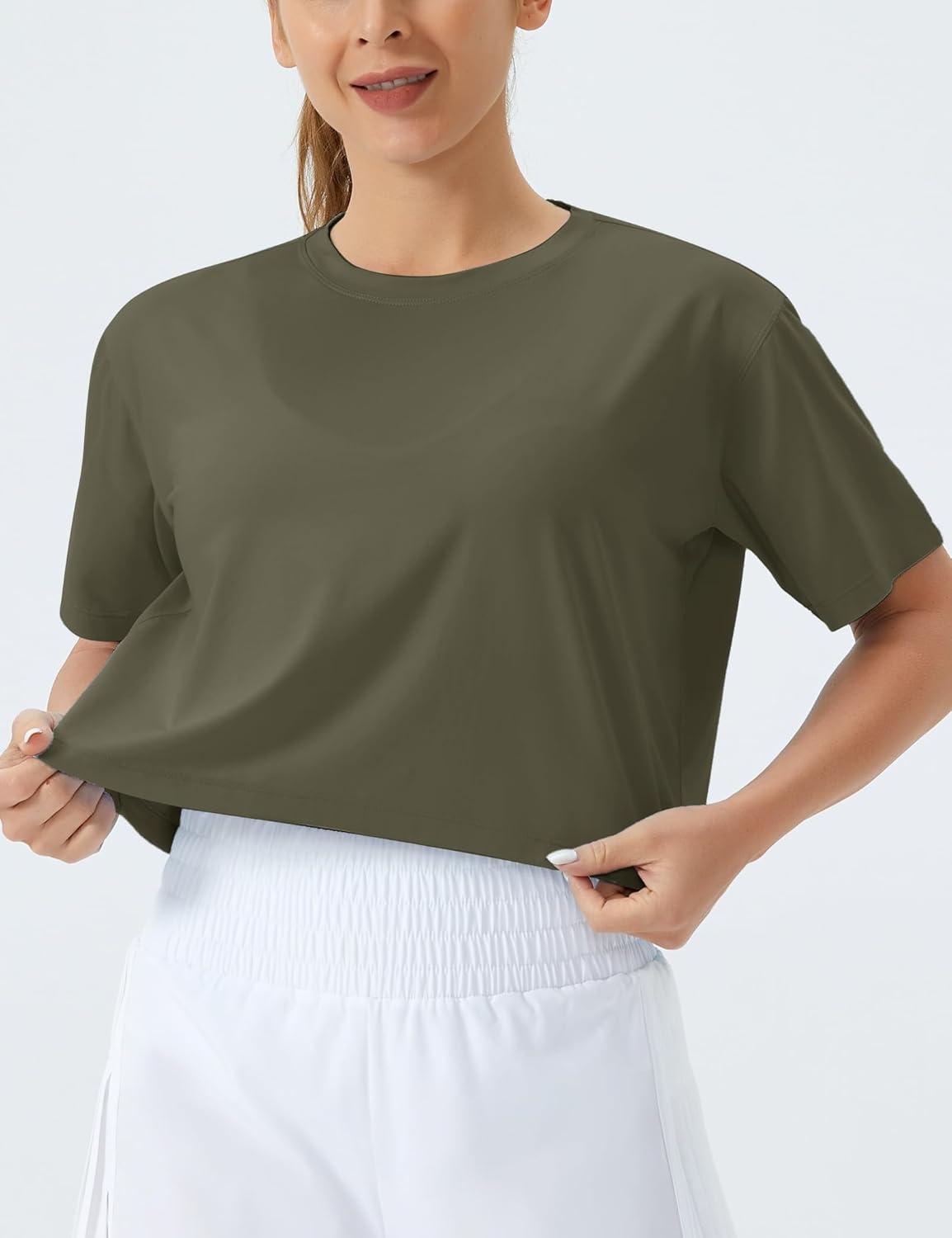 imageTHE GYM PEOPLE Womens Workout Crop Top TShirt Short Sleeve Boxy Yoga Running Cropped Basic TeeArmy Green