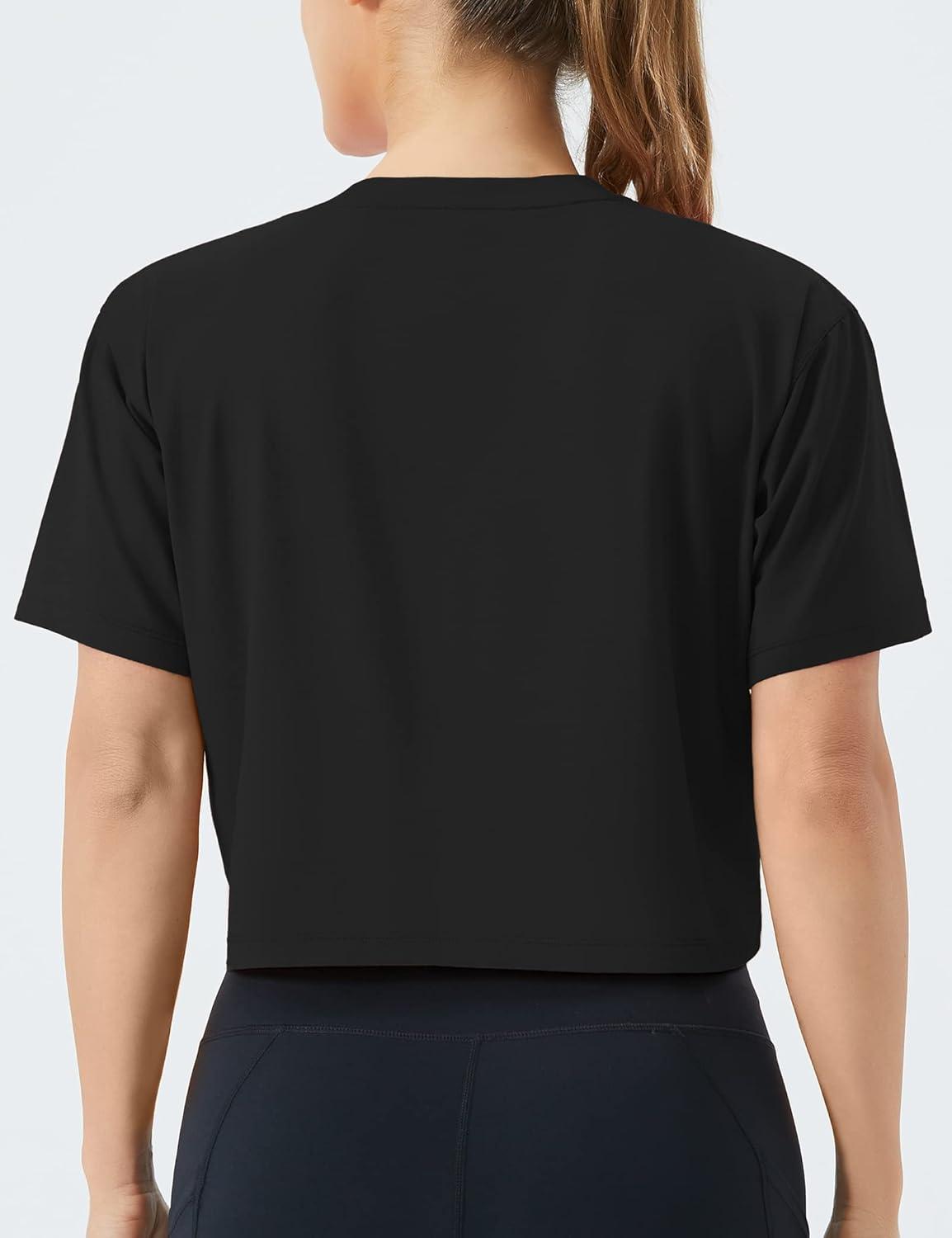 imageTHE GYM PEOPLE Womens Workout Crop Top TShirt Short Sleeve Boxy Yoga Running Cropped Basic TeeBlack