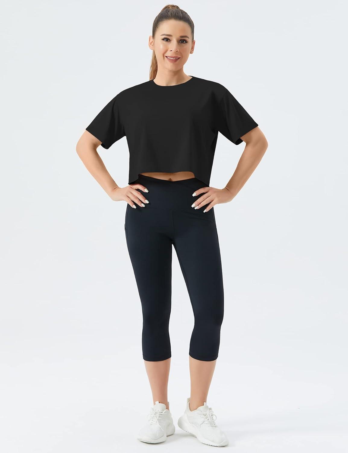 imageTHE GYM PEOPLE Womens Workout Crop Top TShirt Short Sleeve Boxy Yoga Running Cropped Basic TeeBlack