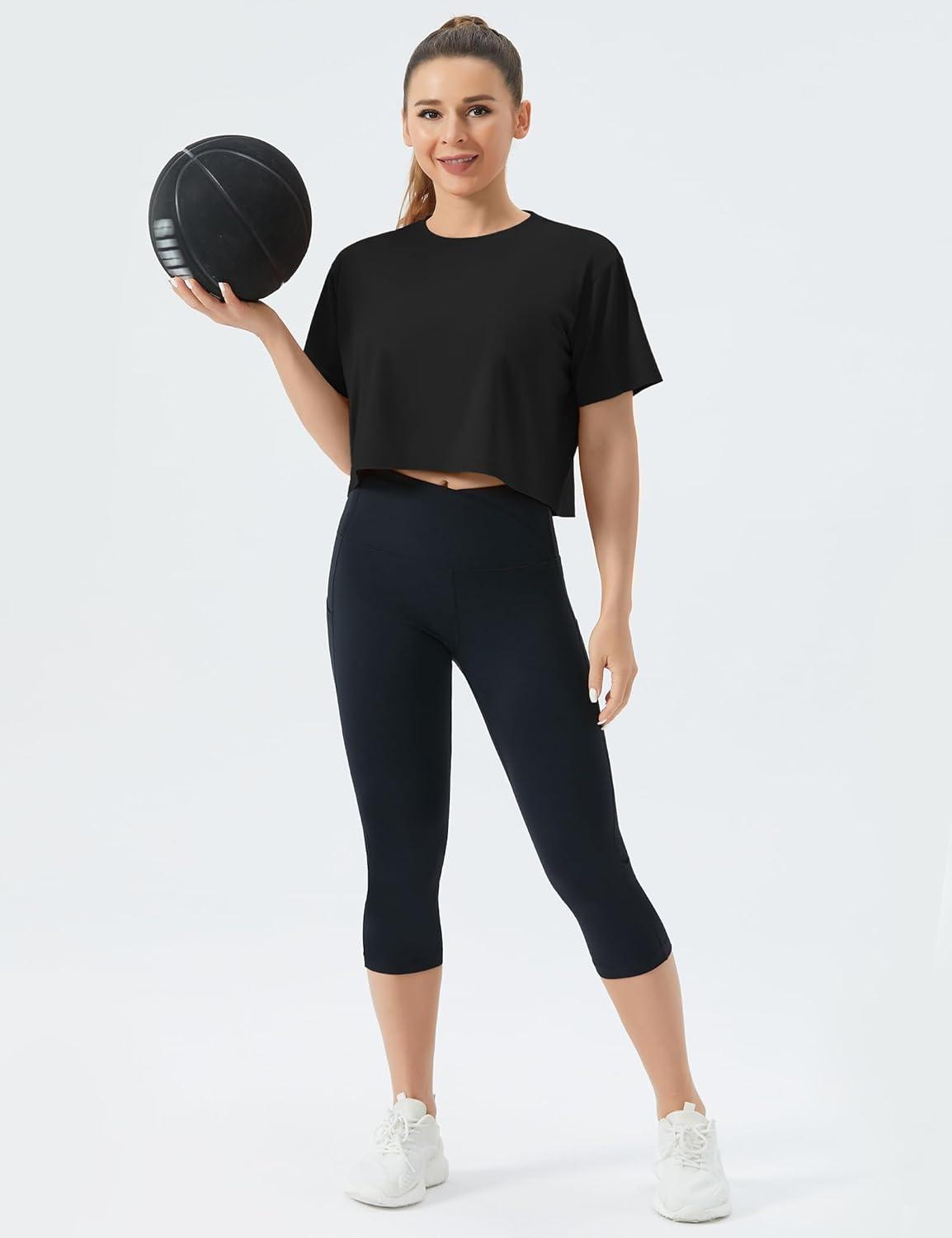 imageTHE GYM PEOPLE Womens Workout Crop Top TShirt Short Sleeve Boxy Yoga Running Cropped Basic TeeBlack