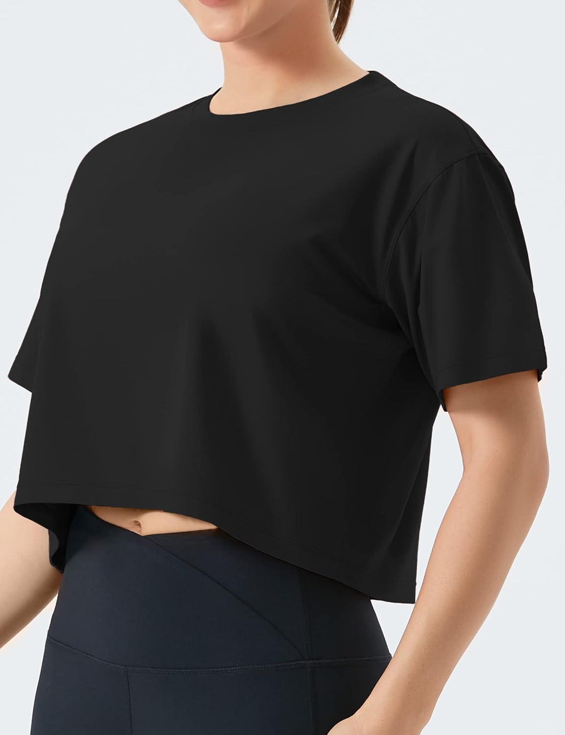 imageTHE GYM PEOPLE Womens Workout Crop Top TShirt Short Sleeve Boxy Yoga Running Cropped Basic TeeBlack
