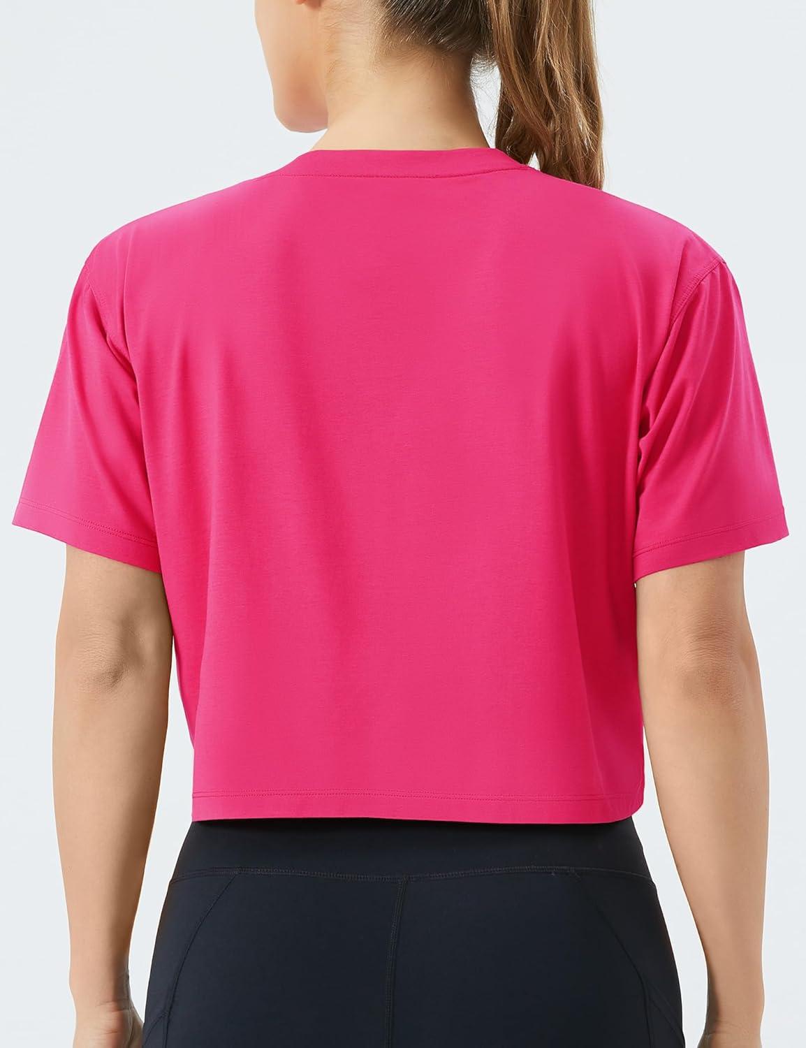 imageTHE GYM PEOPLE Womens Workout Crop Top TShirt Short Sleeve Boxy Yoga Running Cropped Basic TeeBright Pink