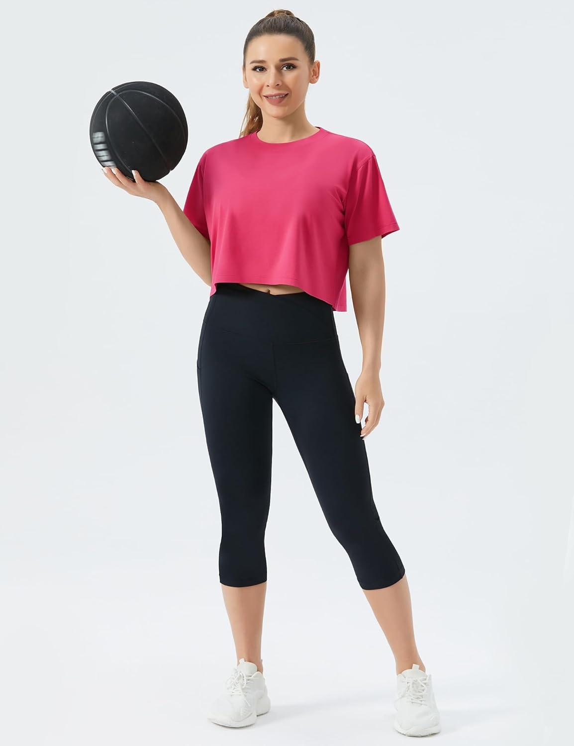 imageTHE GYM PEOPLE Womens Workout Crop Top TShirt Short Sleeve Boxy Yoga Running Cropped Basic TeeBright Pink