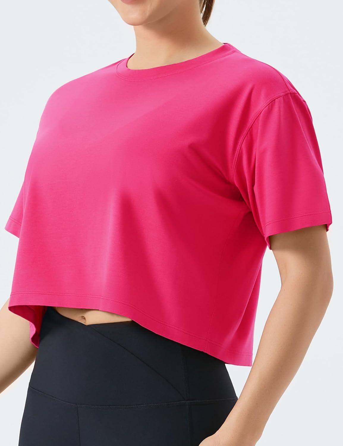 imageTHE GYM PEOPLE Womens Workout Crop Top TShirt Short Sleeve Boxy Yoga Running Cropped Basic TeeBright Pink