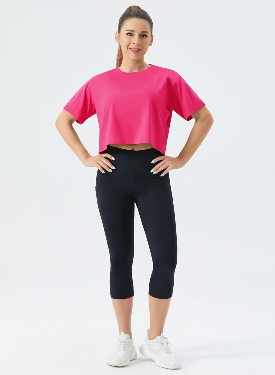 imageTHE GYM PEOPLE Womens Workout Crop Top TShirt Short Sleeve Boxy Yoga Running Cropped Basic TeeBright Pink