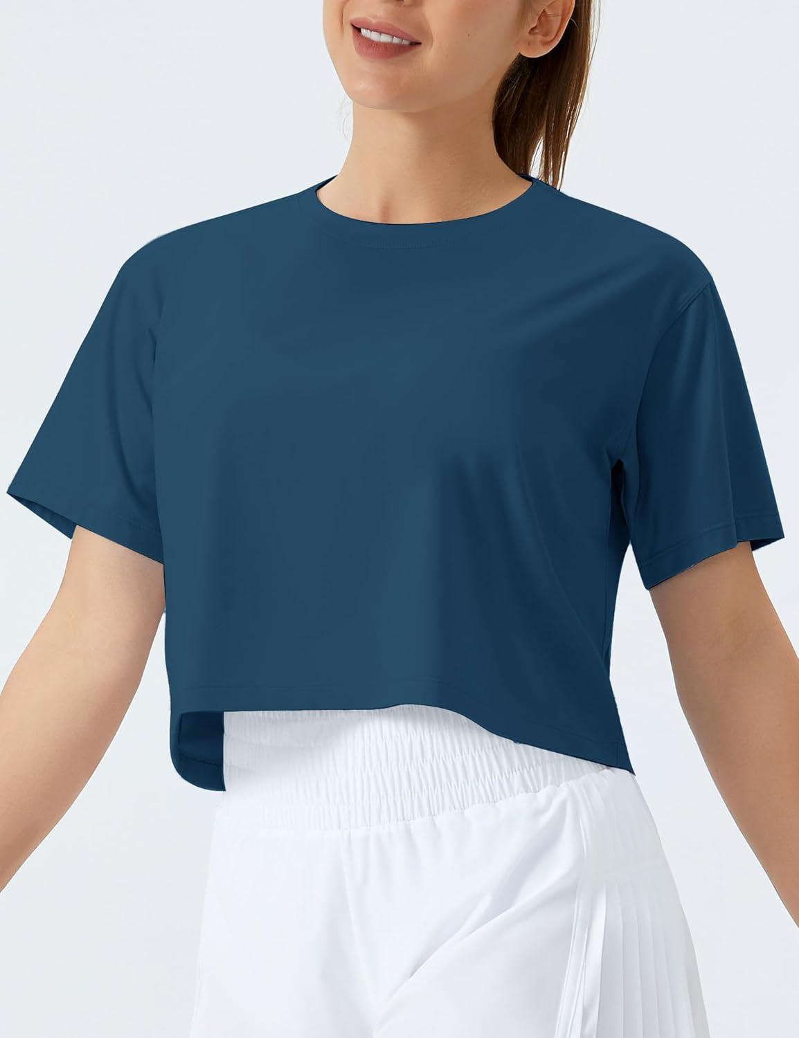 imageTHE GYM PEOPLE Womens Workout Crop Top TShirt Short Sleeve Boxy Yoga Running Cropped Basic TeeDark Blue Green