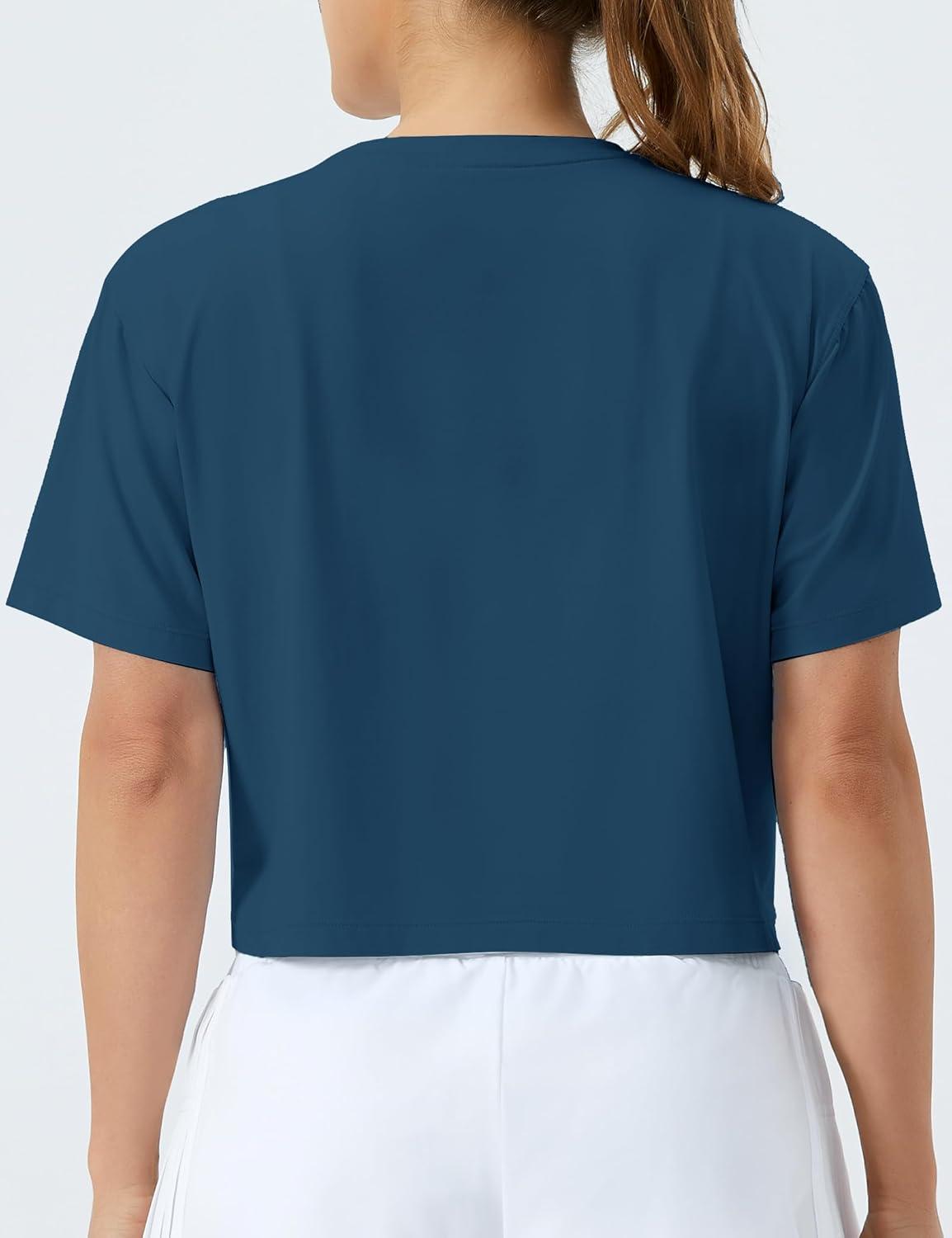 imageTHE GYM PEOPLE Womens Workout Crop Top TShirt Short Sleeve Boxy Yoga Running Cropped Basic TeeDark Blue Green
